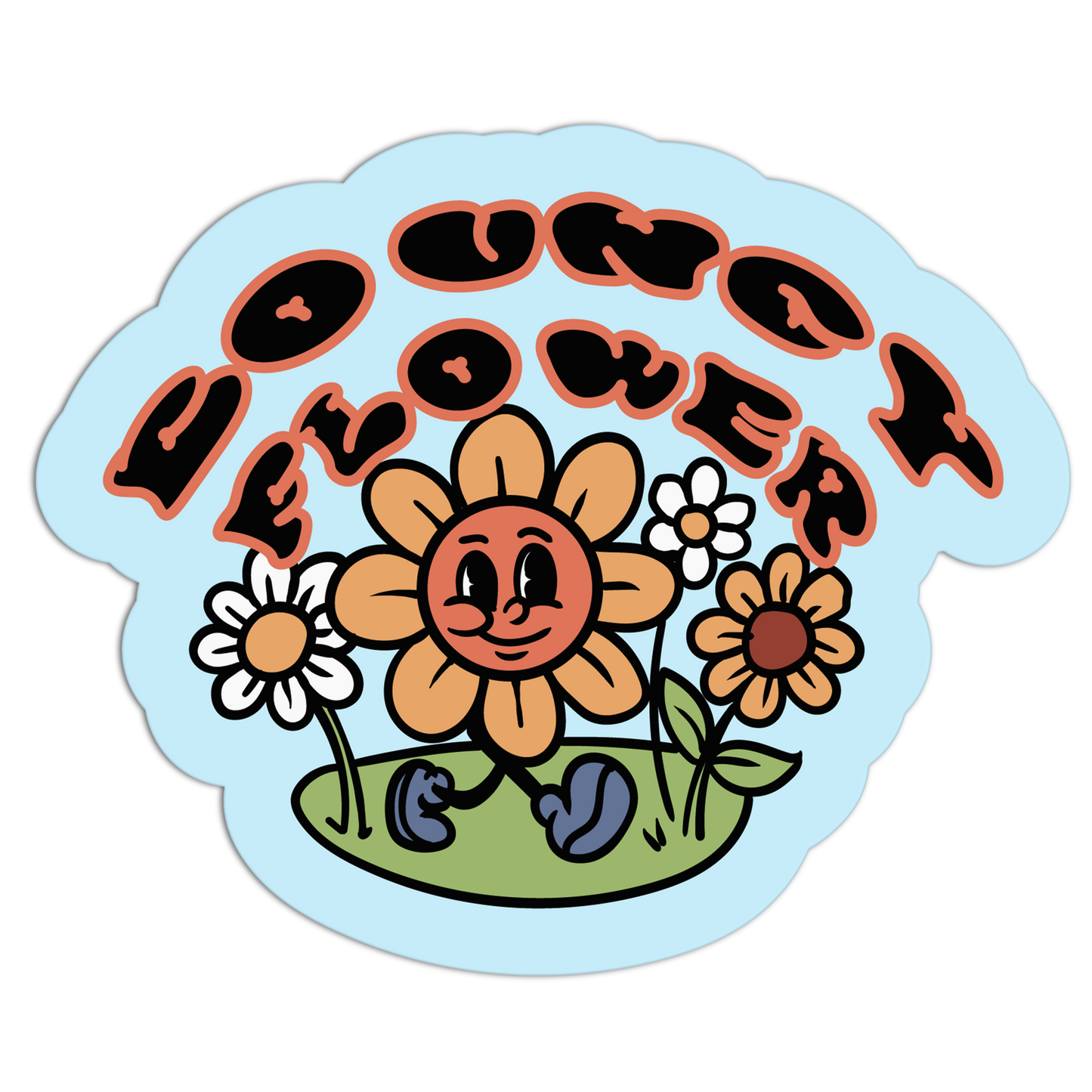 Sticker with cartoon flowers and text on a light blue background