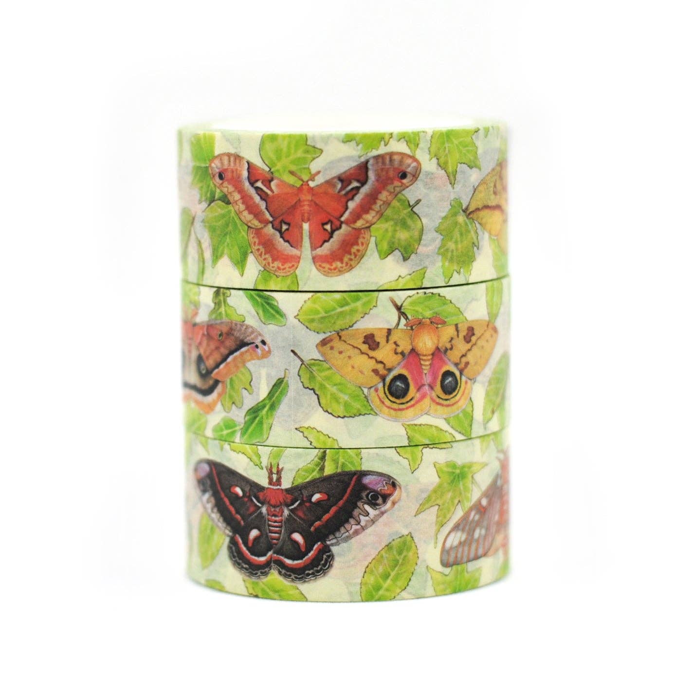 A roll of decorative washi tape featuring a pattern of colorful butterflies and green leaves on a light cream background, shown against a plain white background.