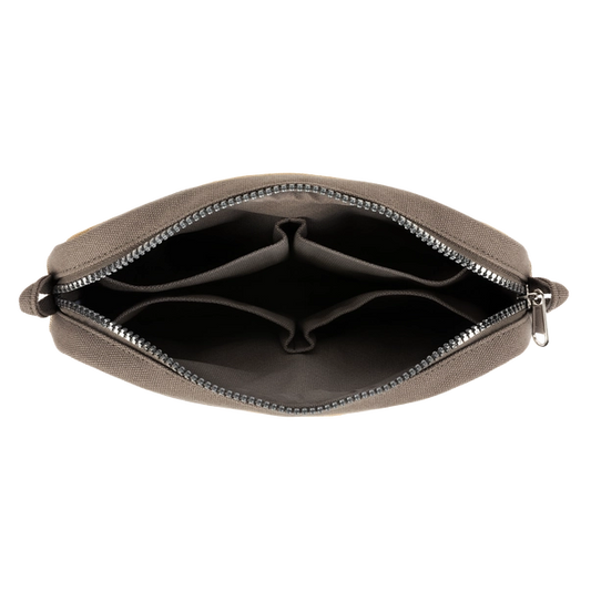Brown pouch with compartments on a white background