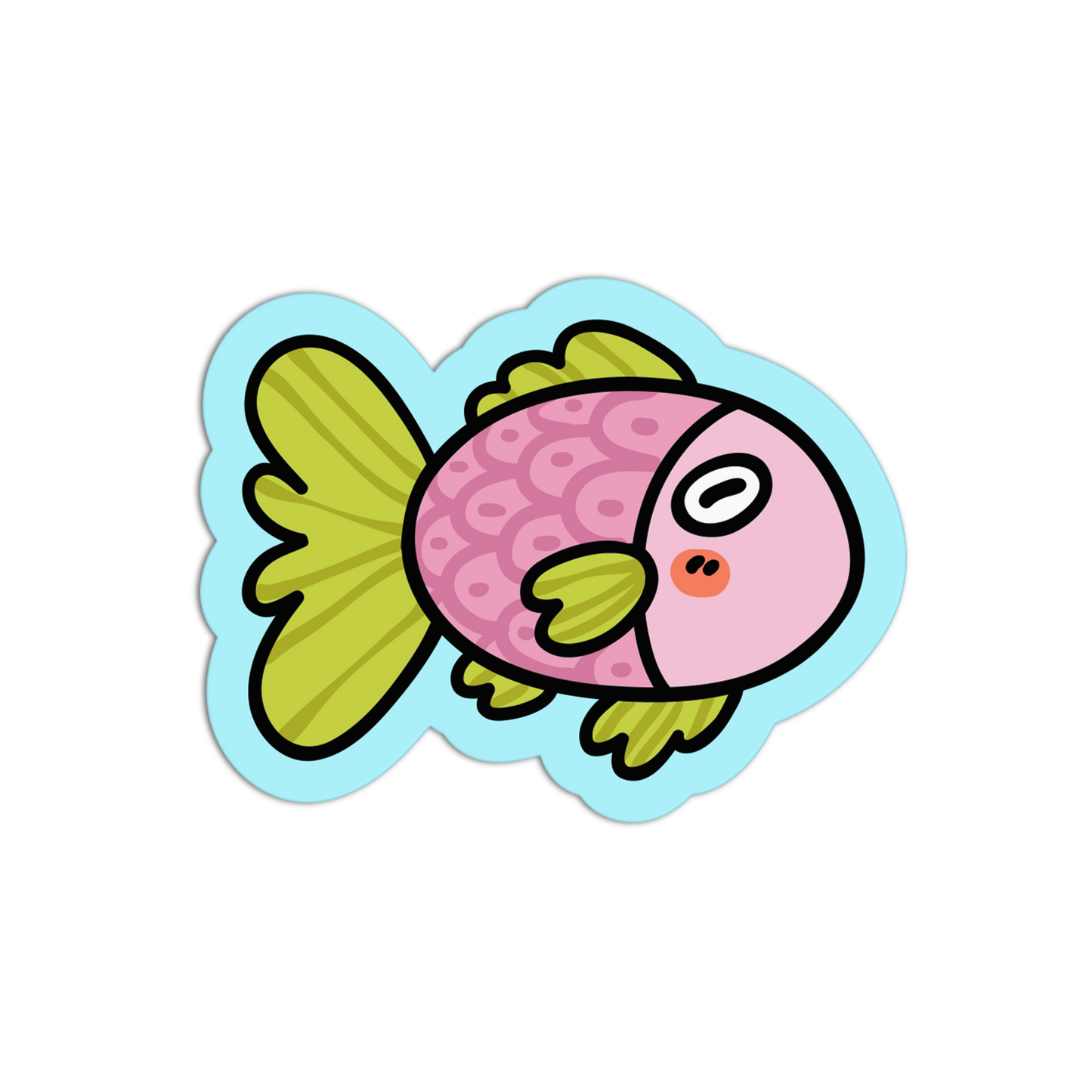 Cartoon fish with pink body and green fins on a black background
