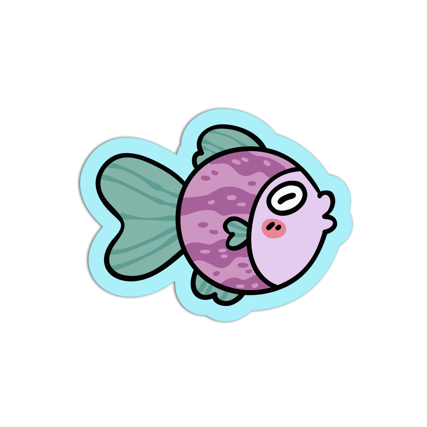 Cartoon fish with a purple body and green fins on a black background