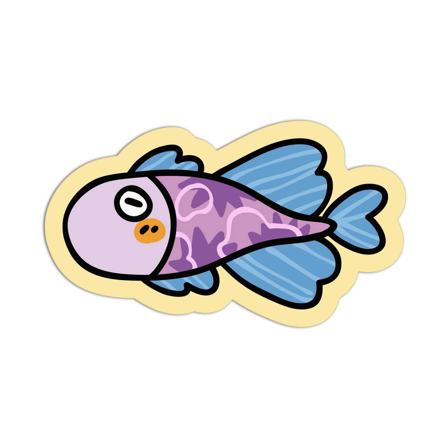 Cartoon fish with purple body and blue tail on a yellow border