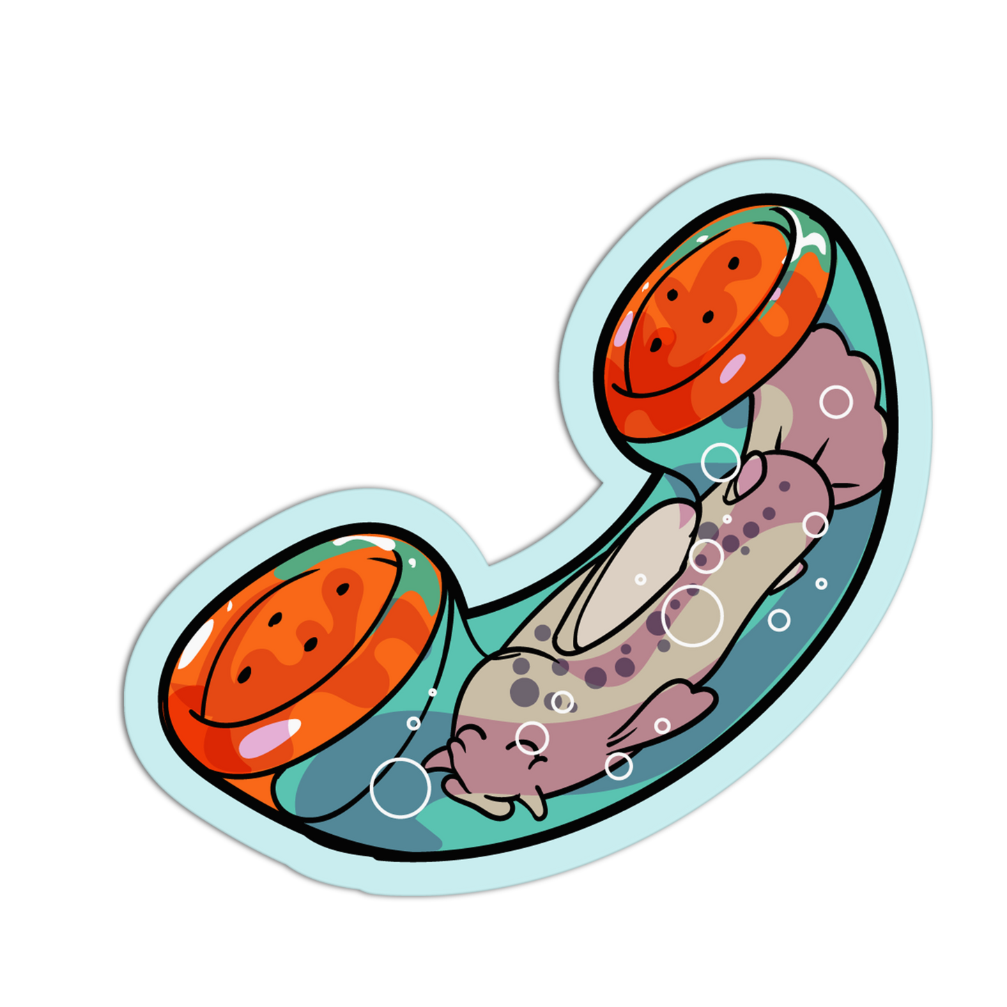 Cartoon-style fish with watermelon slices on a white background