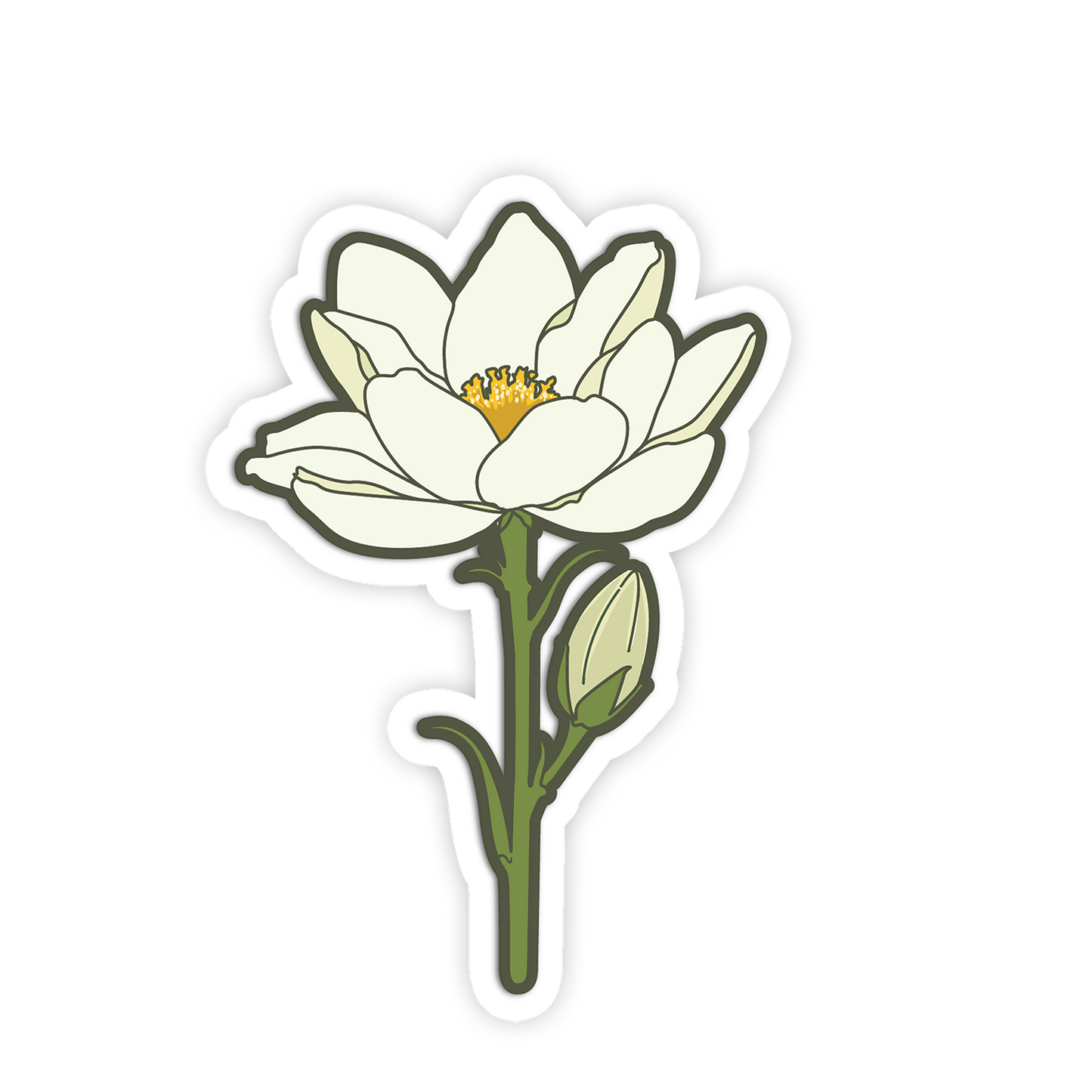 Sticker of a white flower with green leaves on a white background