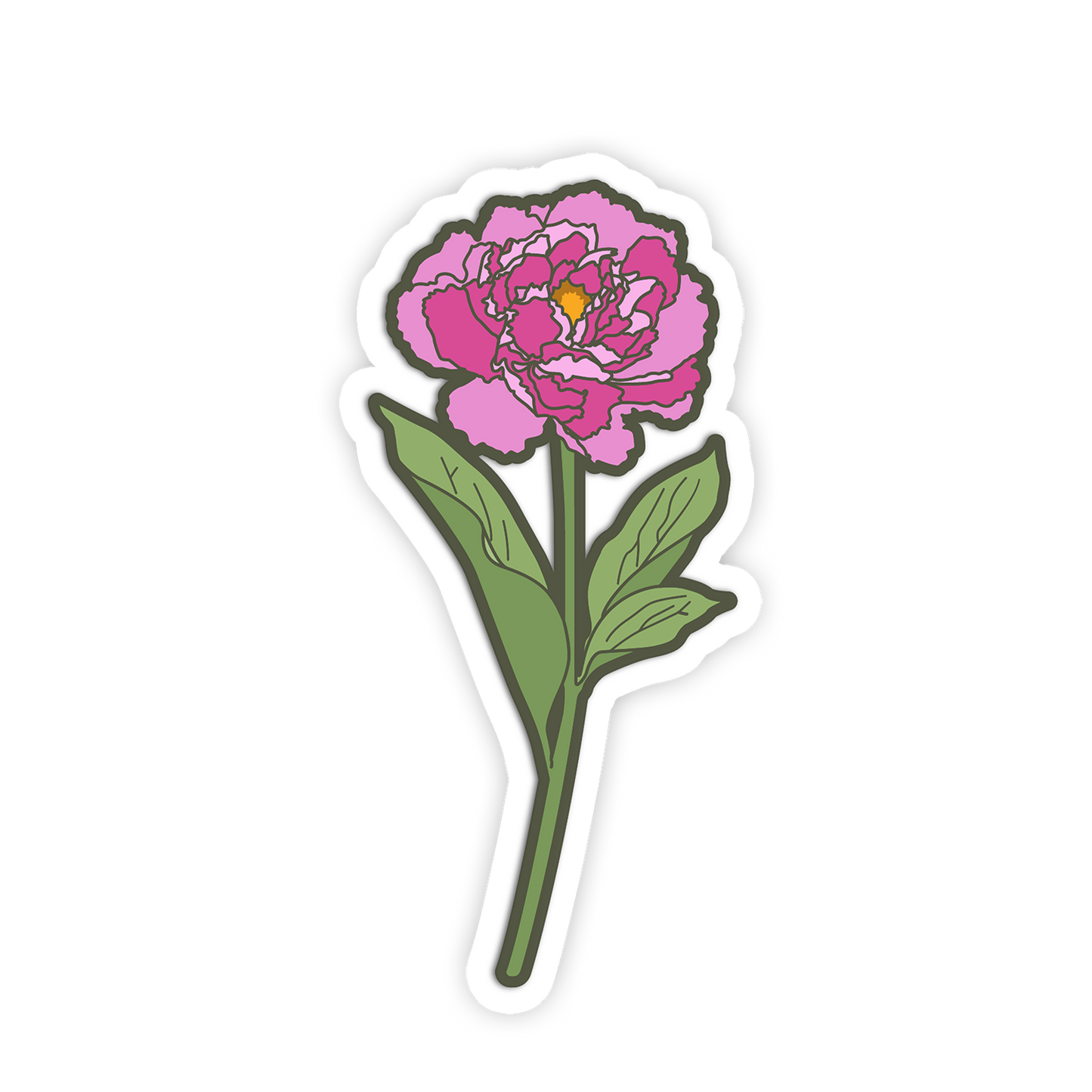 Sticker of a pink flower with green leaves on a white background