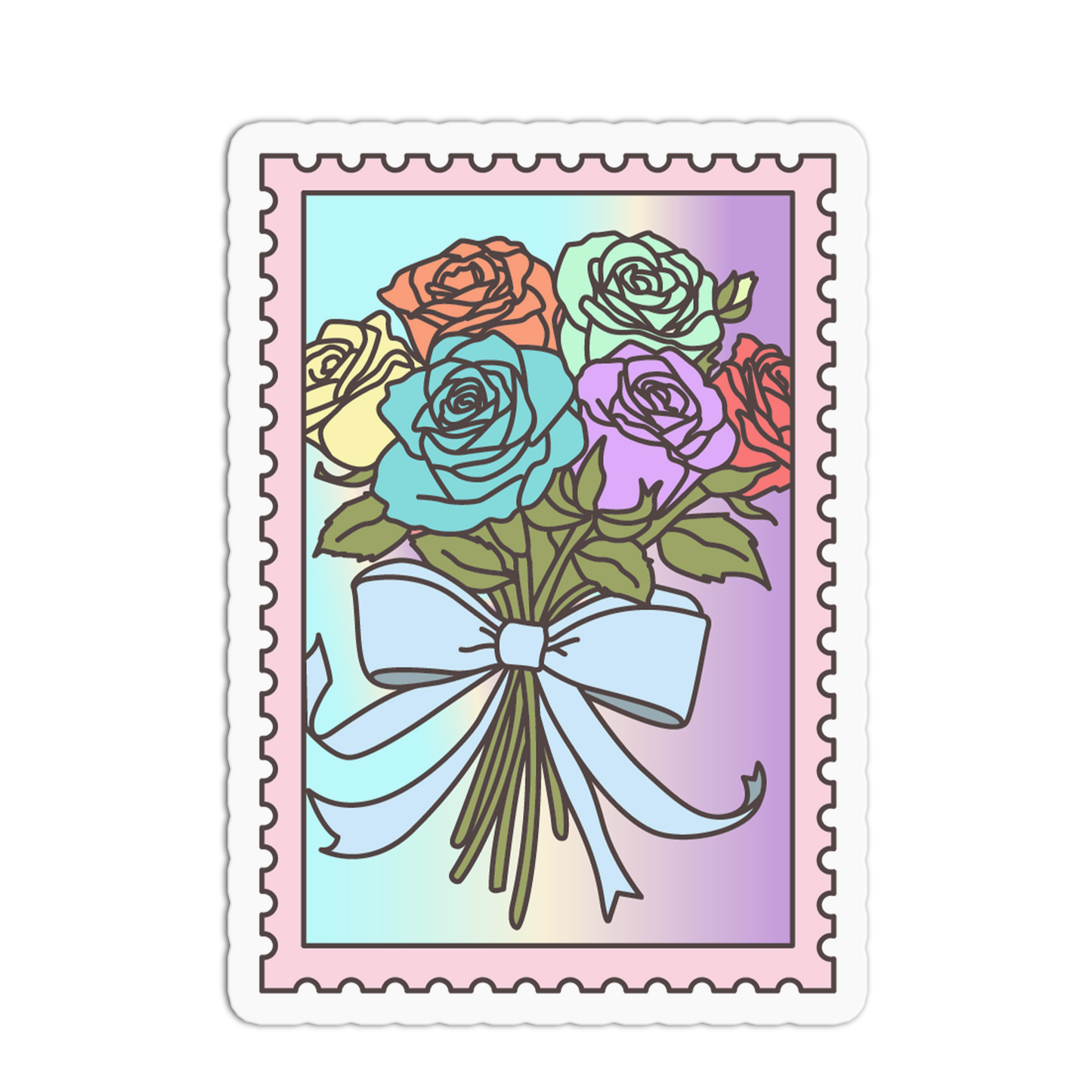 Colorful bouquet of roses with a bow on a pastel background, resembling a postage stamp design.