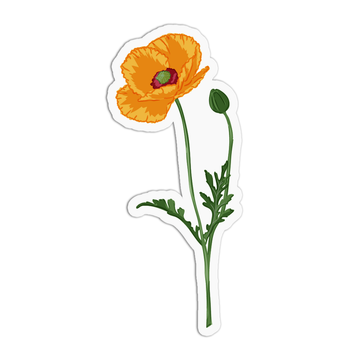 A sticker showing an open orange poppy bloom with a dark center alongside an unopened green bud on a slender stem, set against a white background with a die-cut border.