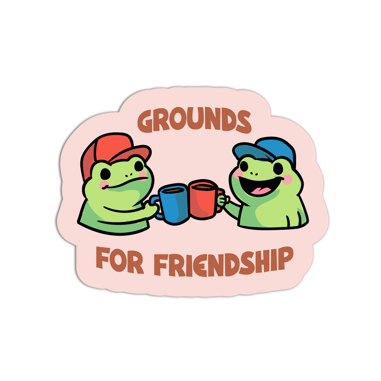 Sticker with cartoon frogs holding cups and 'Grounds for Friendship' text on a pink background