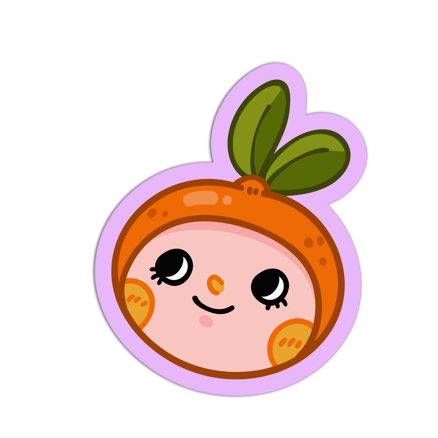 Cartoon character inside an orange with a green leaf on a white background
