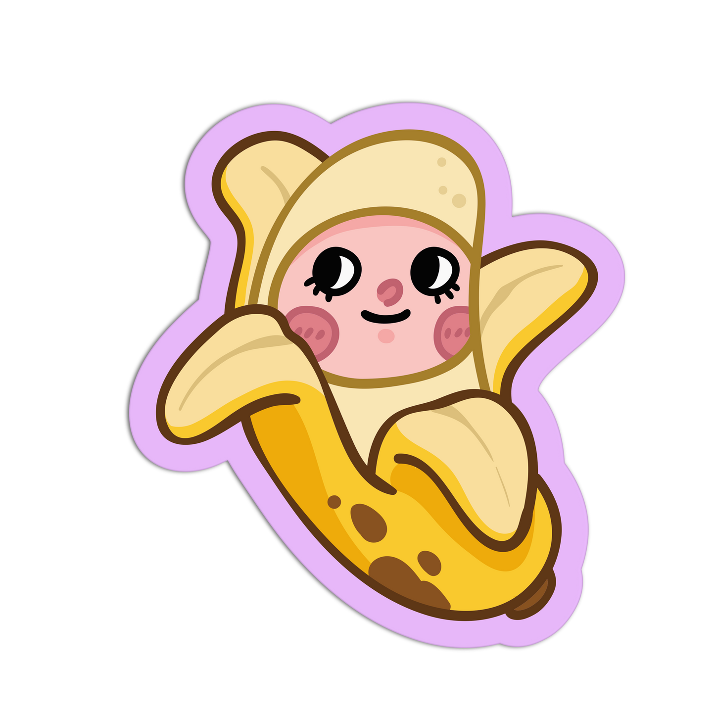 Cartoon character inside a banana with a pink border on a white background
