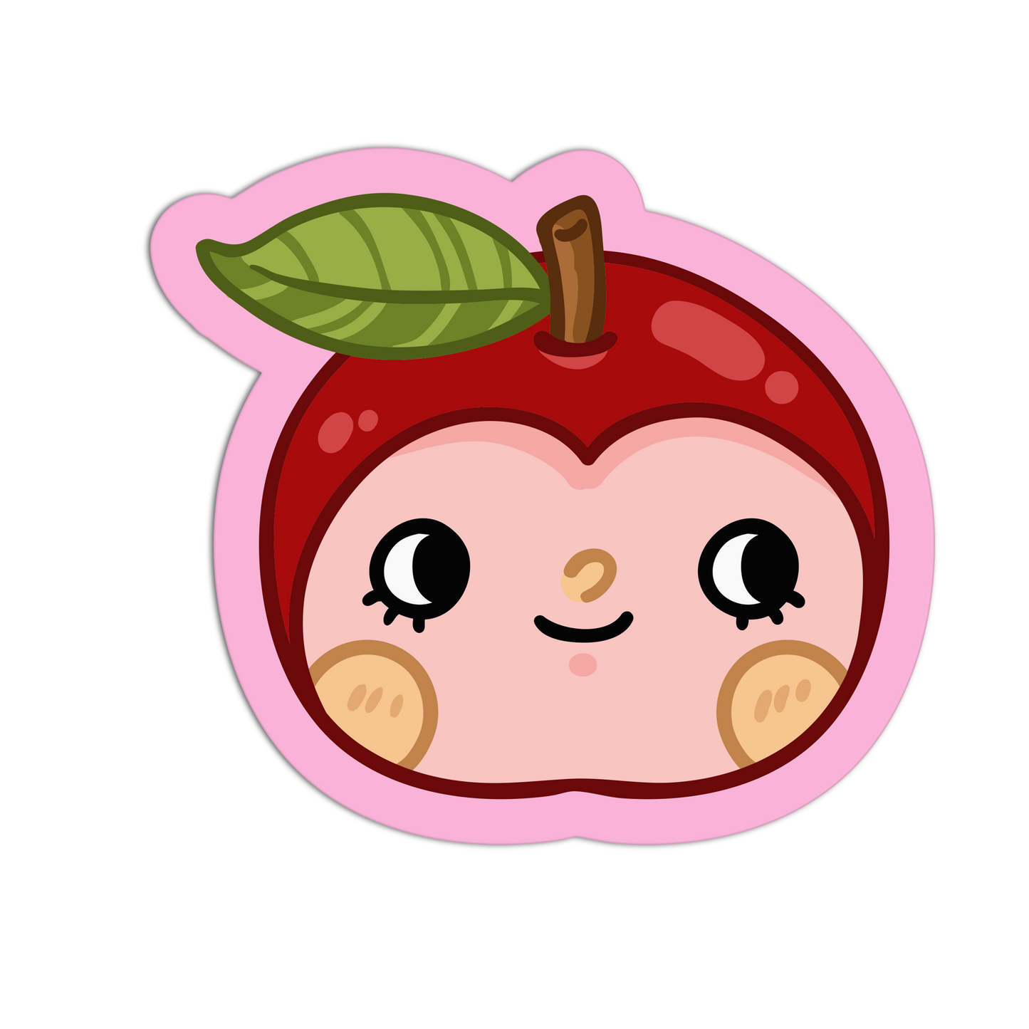 Cartoon apple character with a pink border on a white background