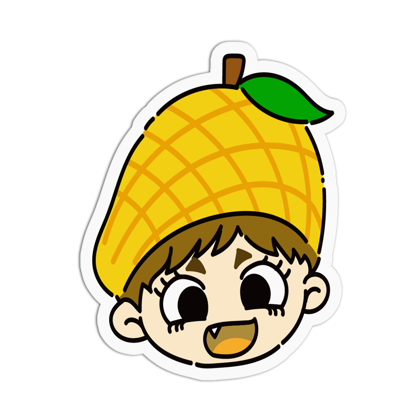 A cartoon-style die-cut sticker featuring a child's face wearing a yellow acorn hat with a green leaf, shown on a plain white background.