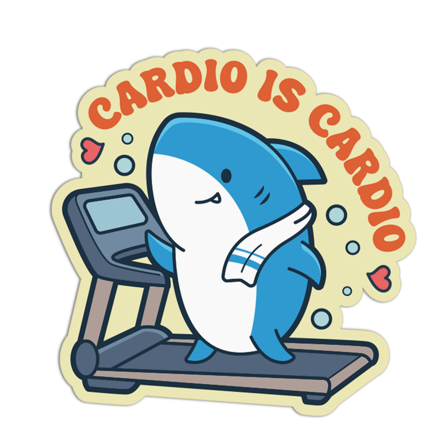 Cartoon shark on a treadmill with 'Cardio is Cardio' text