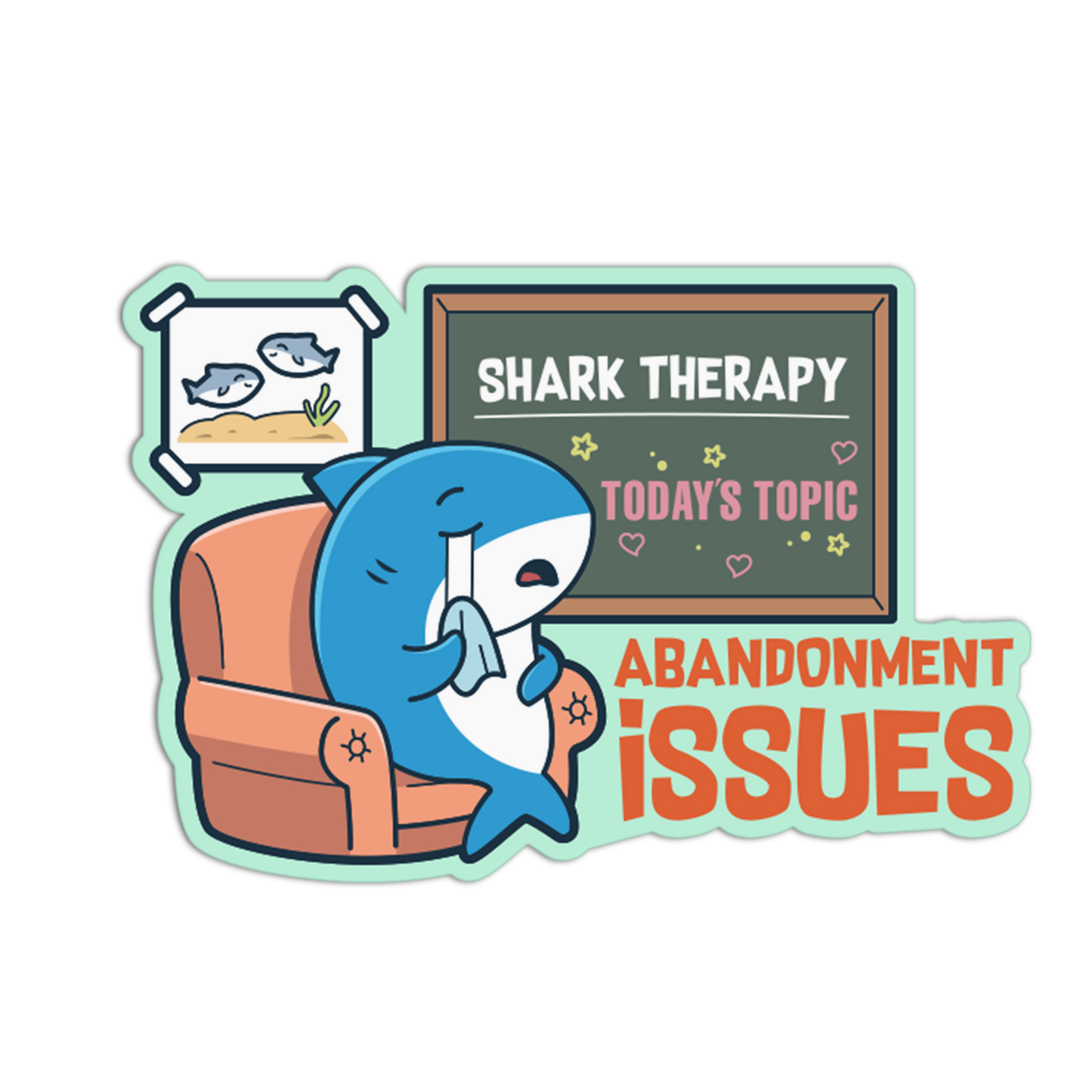 Cartoon shark in a therapy session with a chalkboard and couch on a white background