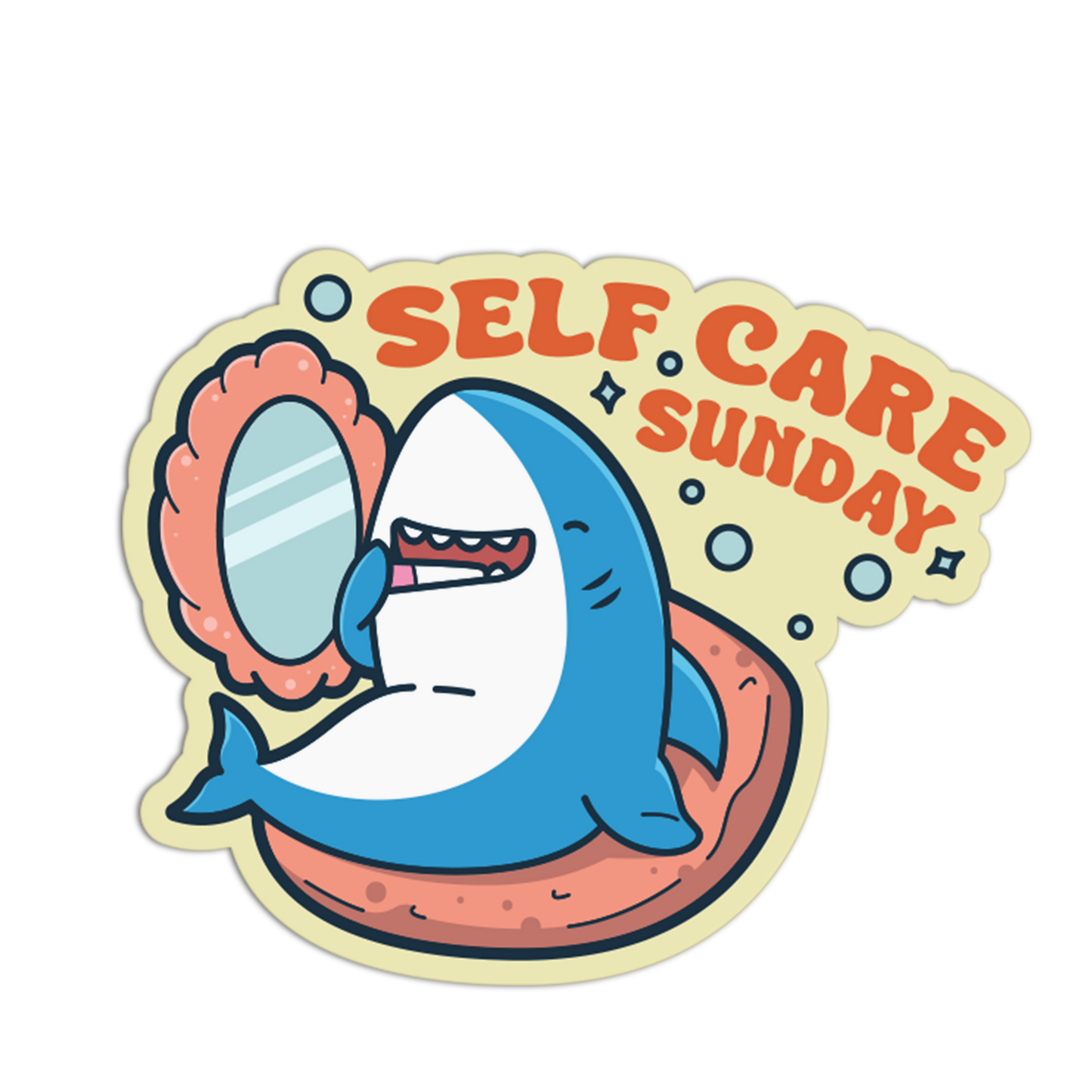 Cartoon shark looking at itself in a mirror with 'Self Care Sunday' text on a white background