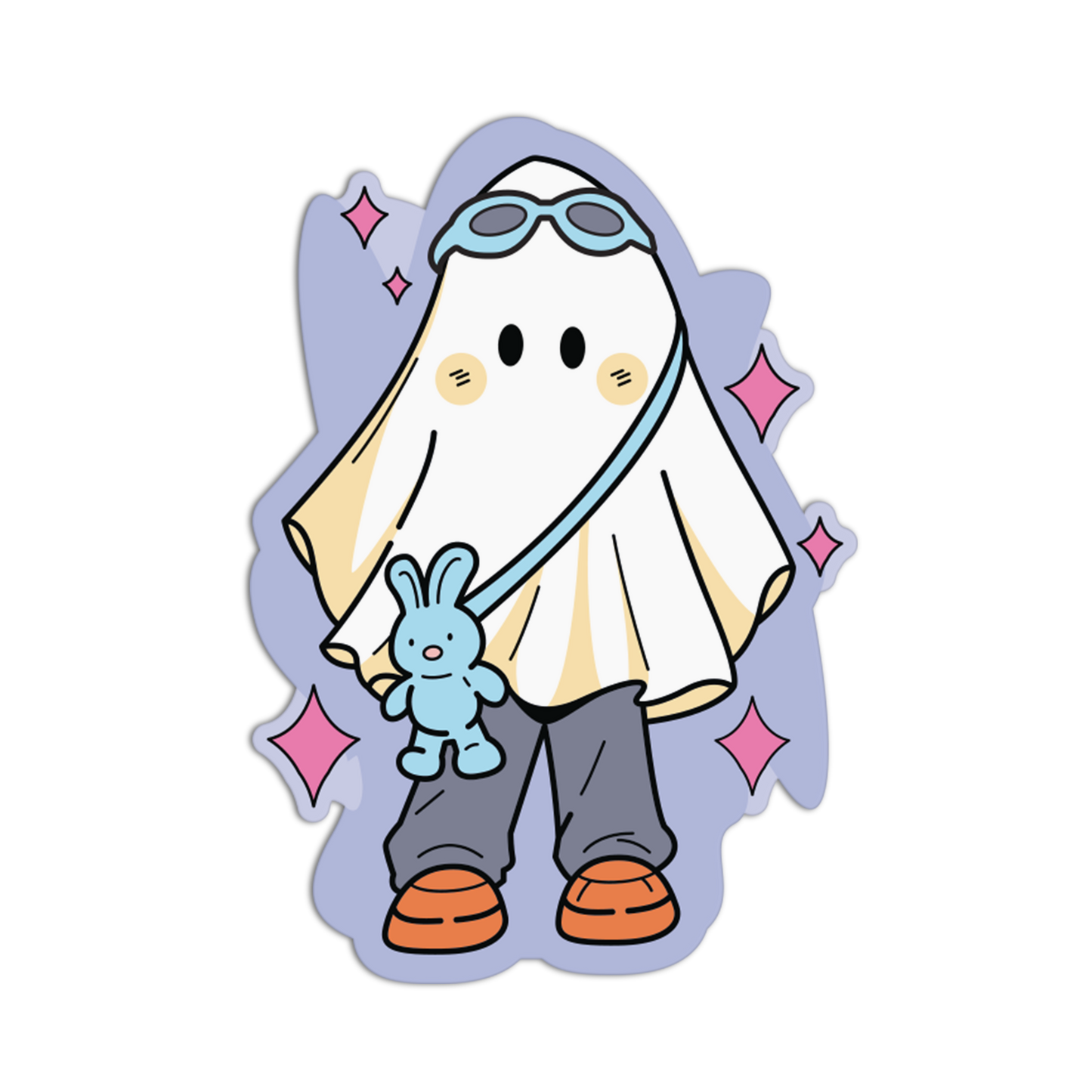 A cute cartoon ghost character sticker or decal, wearing a white sheet, blue goggles, gray pants, and orange shoes, holding a small blue bunny, on a black background with a light blue shadow outline and pink sparkles.
