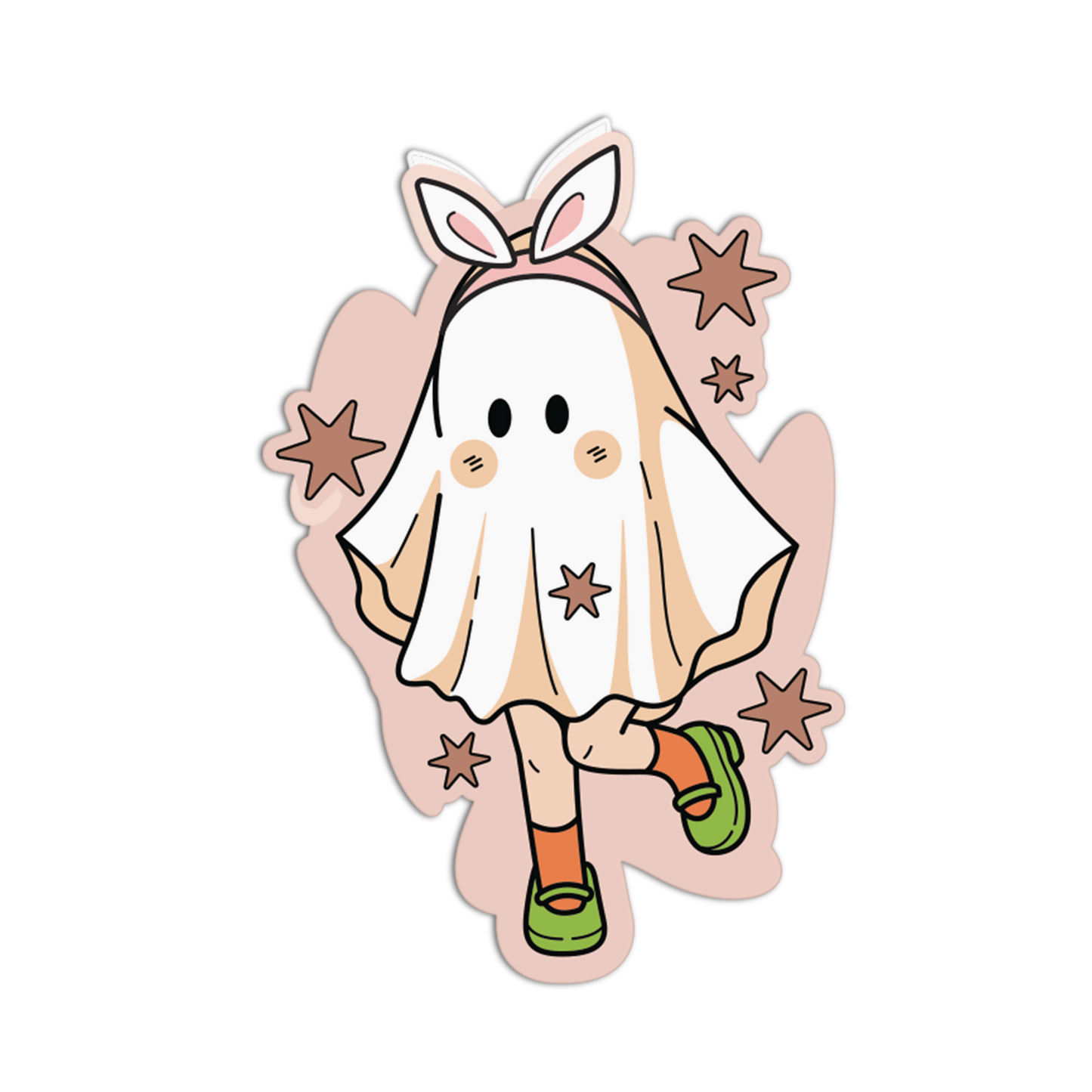 A cute cartoon die-cut sticker of a ghost-like bunny girl with long white bunny ears, a white ghost dress, orange socks, green shoes, and brown stars on a pale pink background.