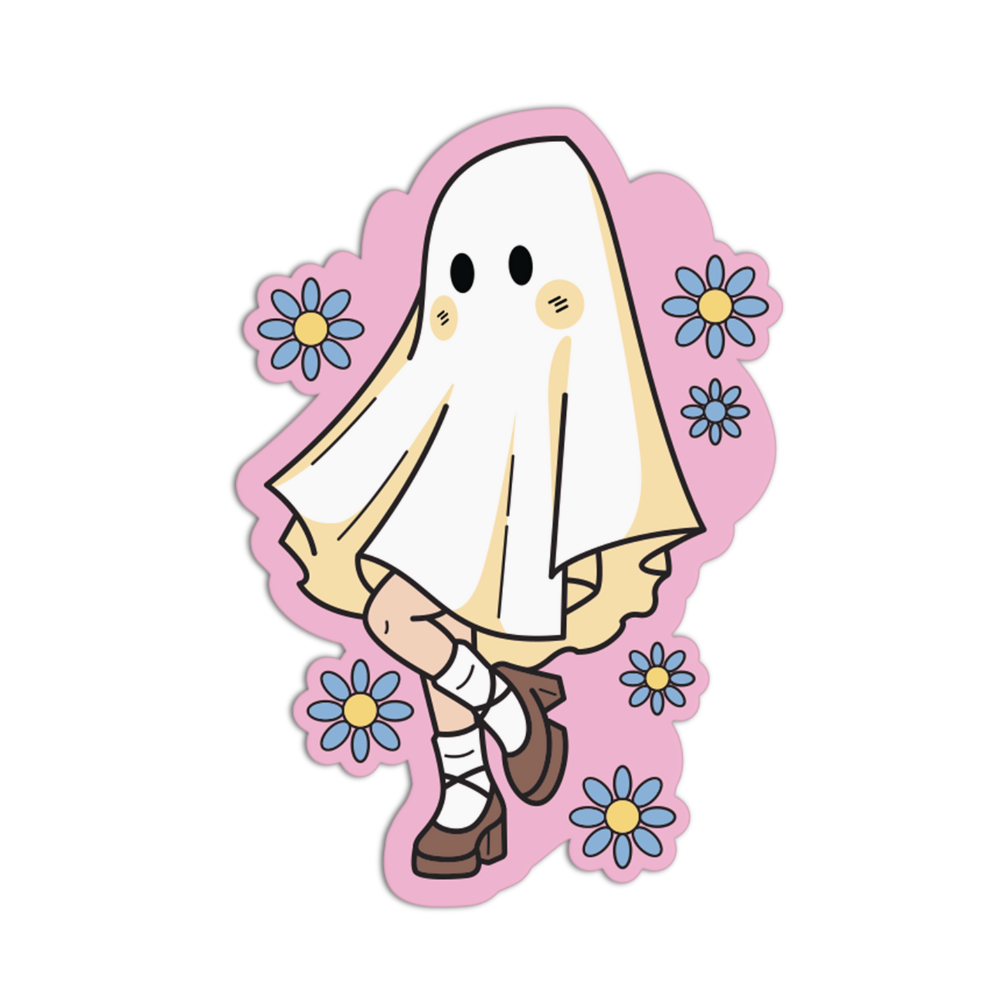 A die-cut sticker featuring a cute cartoon ghost character wearing a white sheet, with small blue and yellow flowers around it, on a black background.