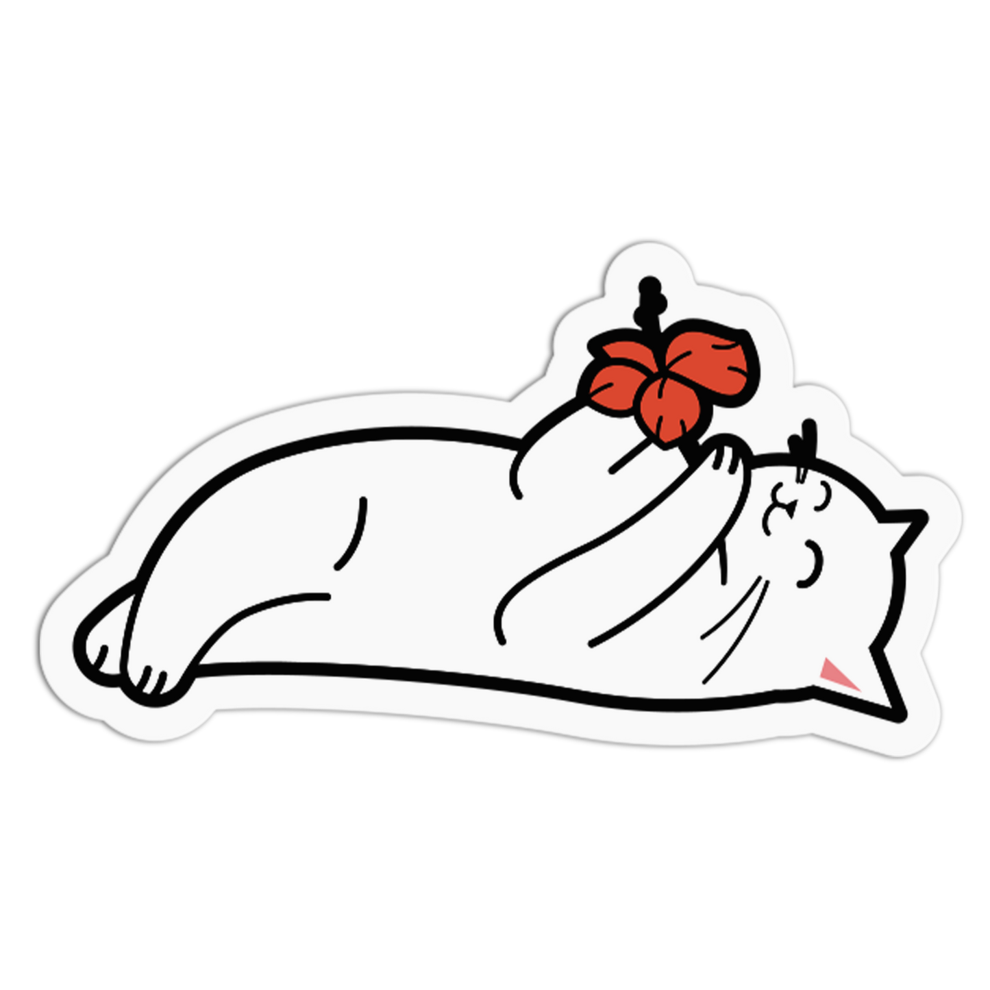 Cartoon cat lying down with a red flower on its head against a white background