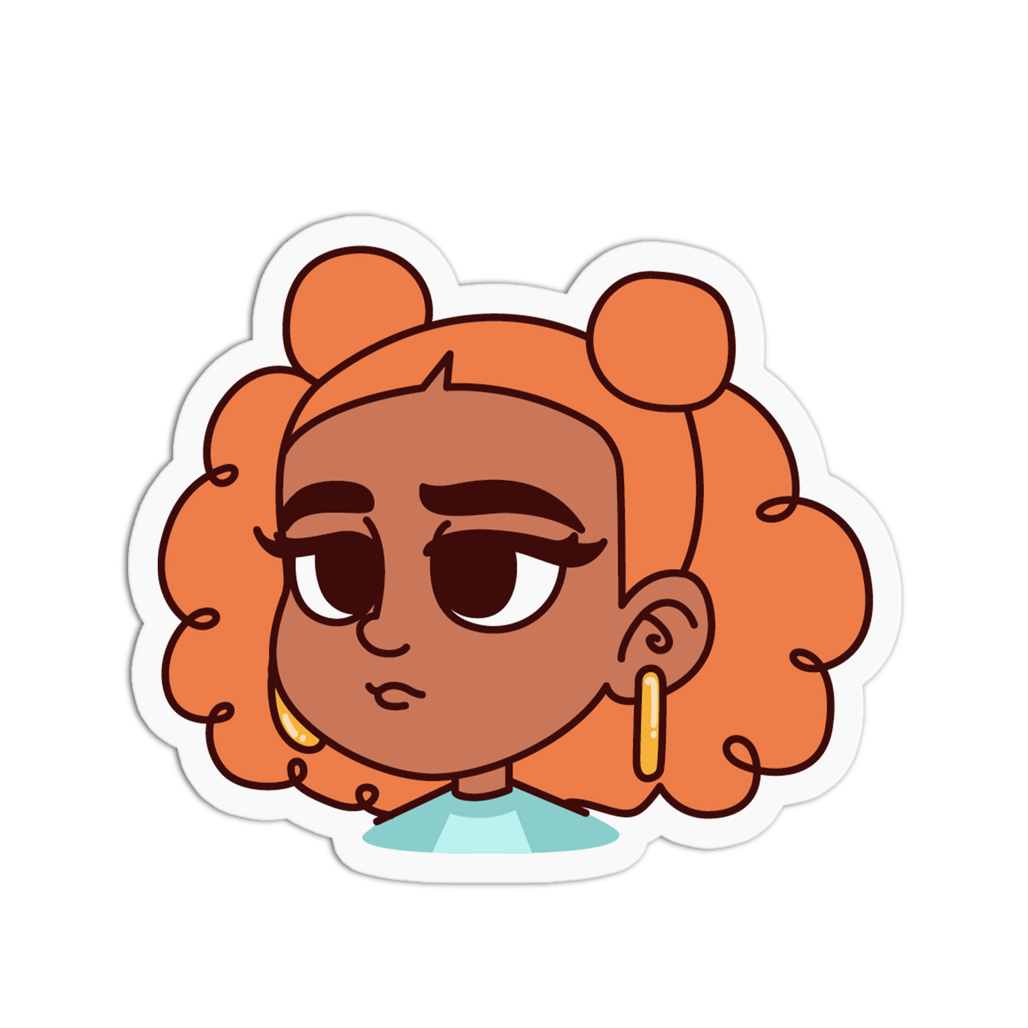 A cartoon-style die-cut sticker featuring a character with orange hair in two buns, brown skin, large dark eyes, and gold hoop earrings, shown on a plain white background.