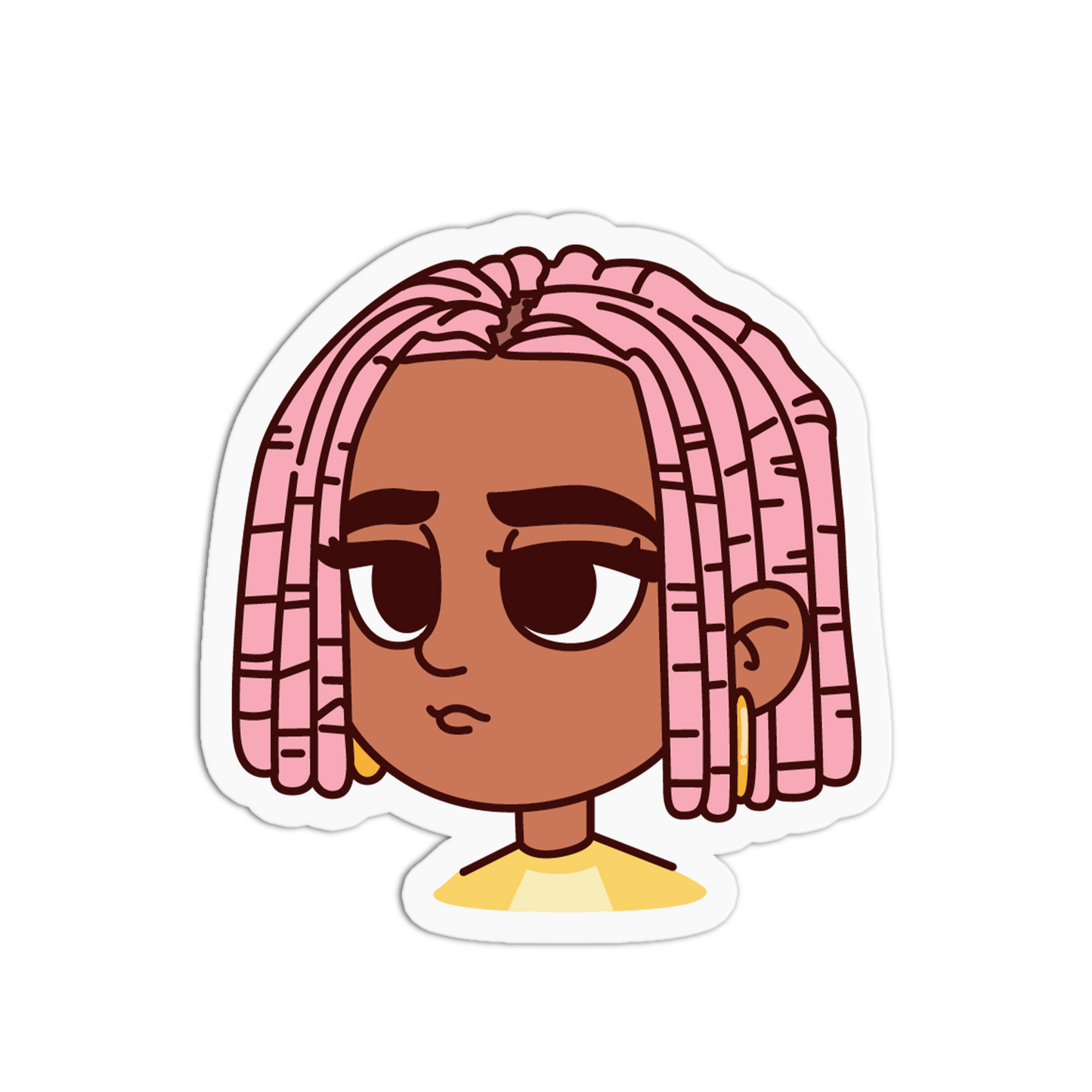A cartoon-style die-cut sticker featuring a character with brown skin, pink braided hair, and a yellow top, shown on a plain white background.