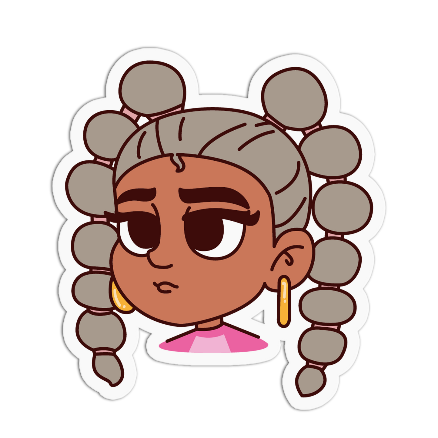 A cartoon-style die-cut sticker featuring a character with brown skin, gray bubble braids, and gold hoop earrings on a white background.