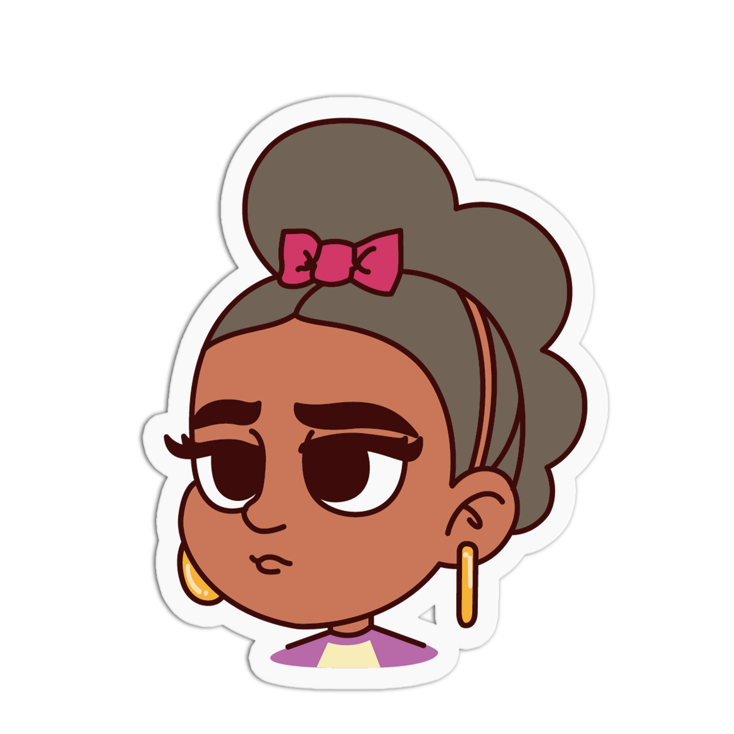 A cartoon-style die-cut sticker featuring a girl with brown hair in a high bun, a pink bow, and gold hoop earrings, shown on a plain white background.