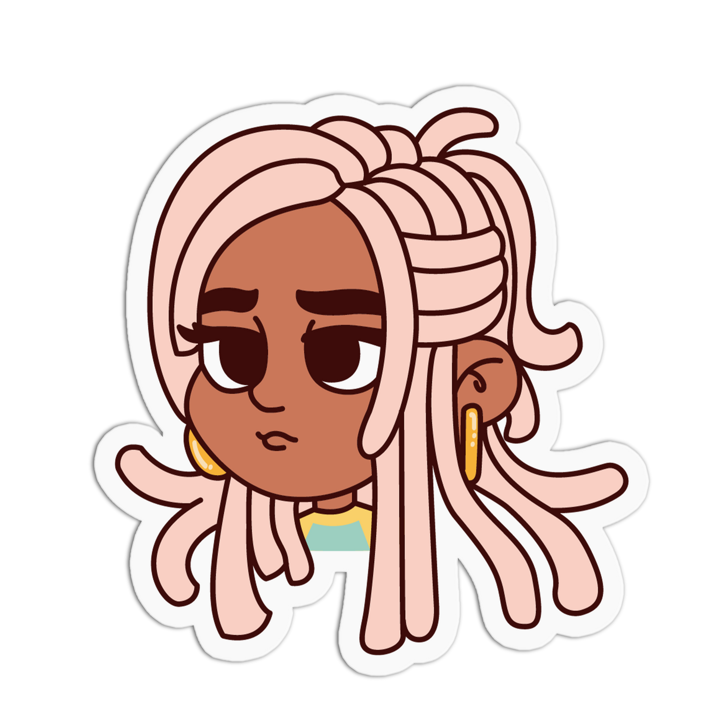 A cartoon-style die-cut sticker featuring a chibi character with light pink braided hair, brown skin, and gold hoop earrings, shown on a plain white background.