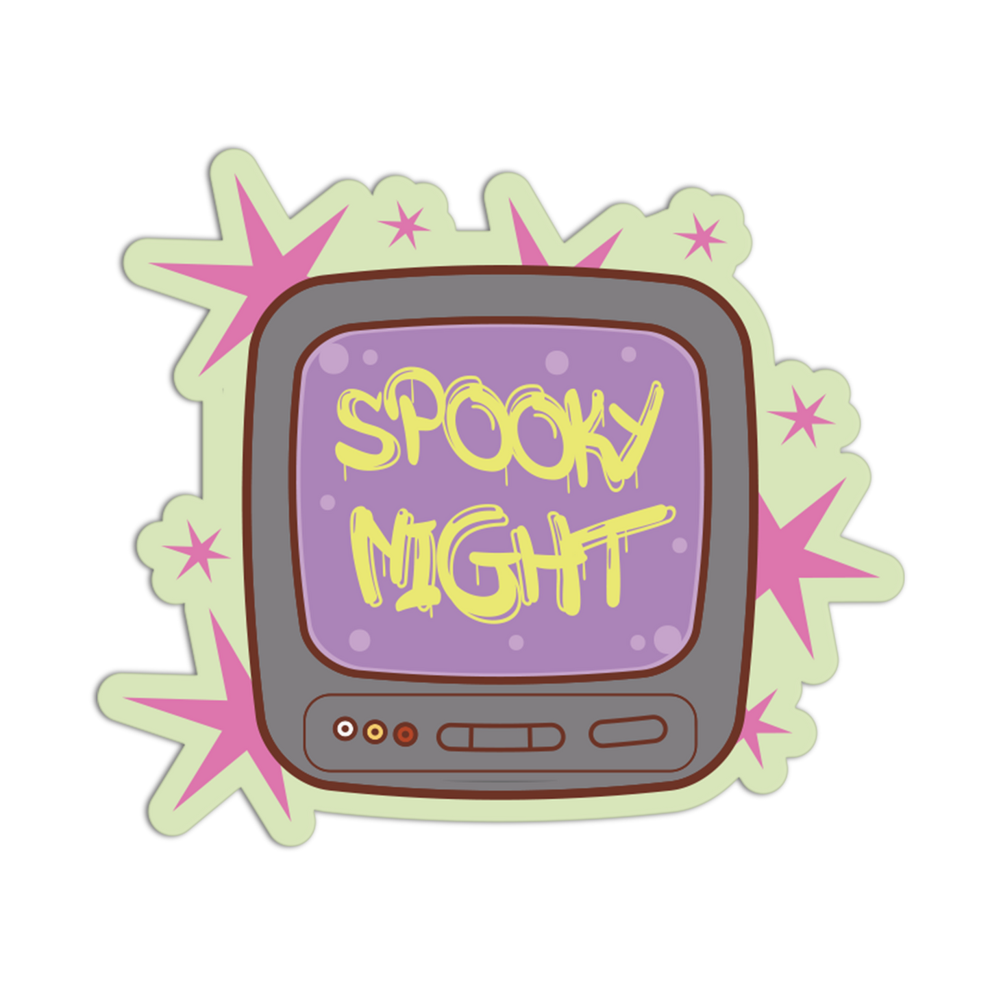 A die-cut sticker featuring a retro television set with the words 'SPOOKY NIGHT' in yellow dripping text on a purple screen, surrounded by pink stars on a pale green background.