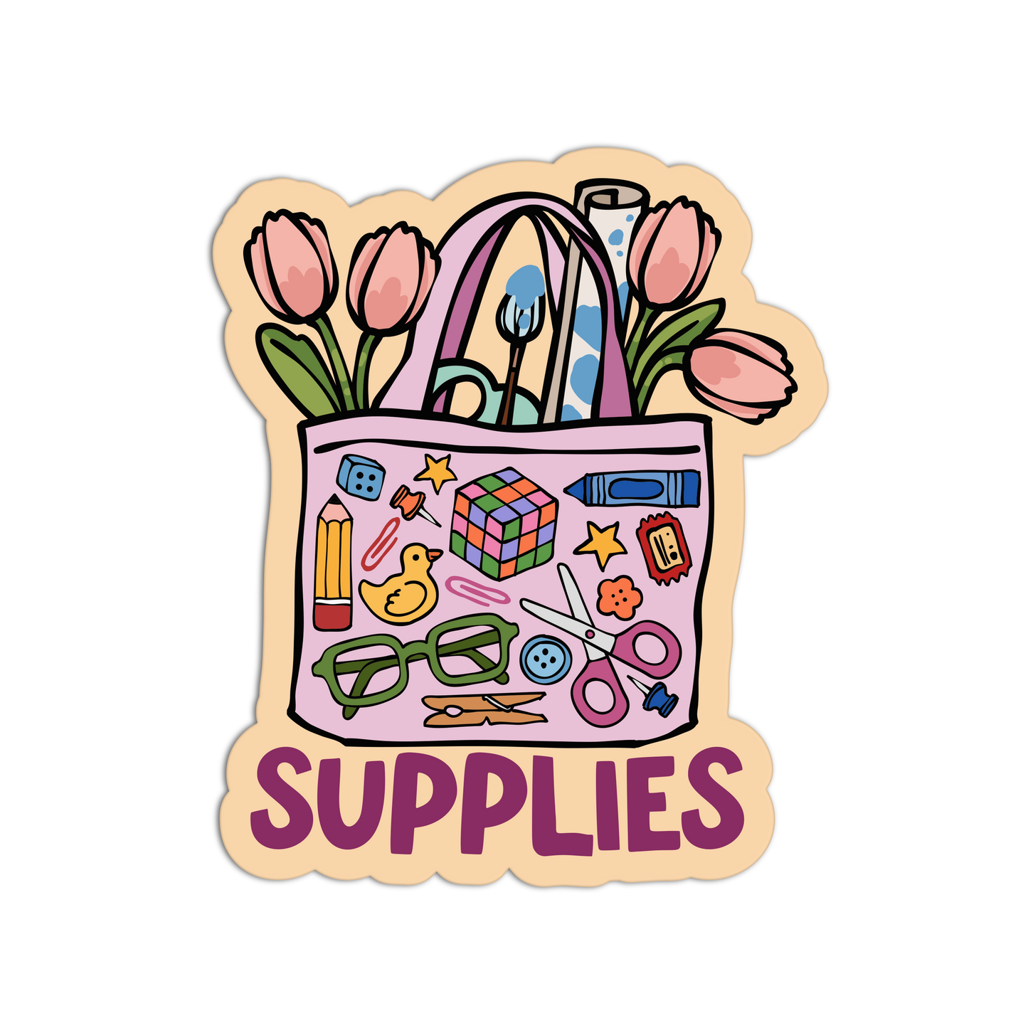 Illustration of a pink bag with school supplies and tulips on a beige border.