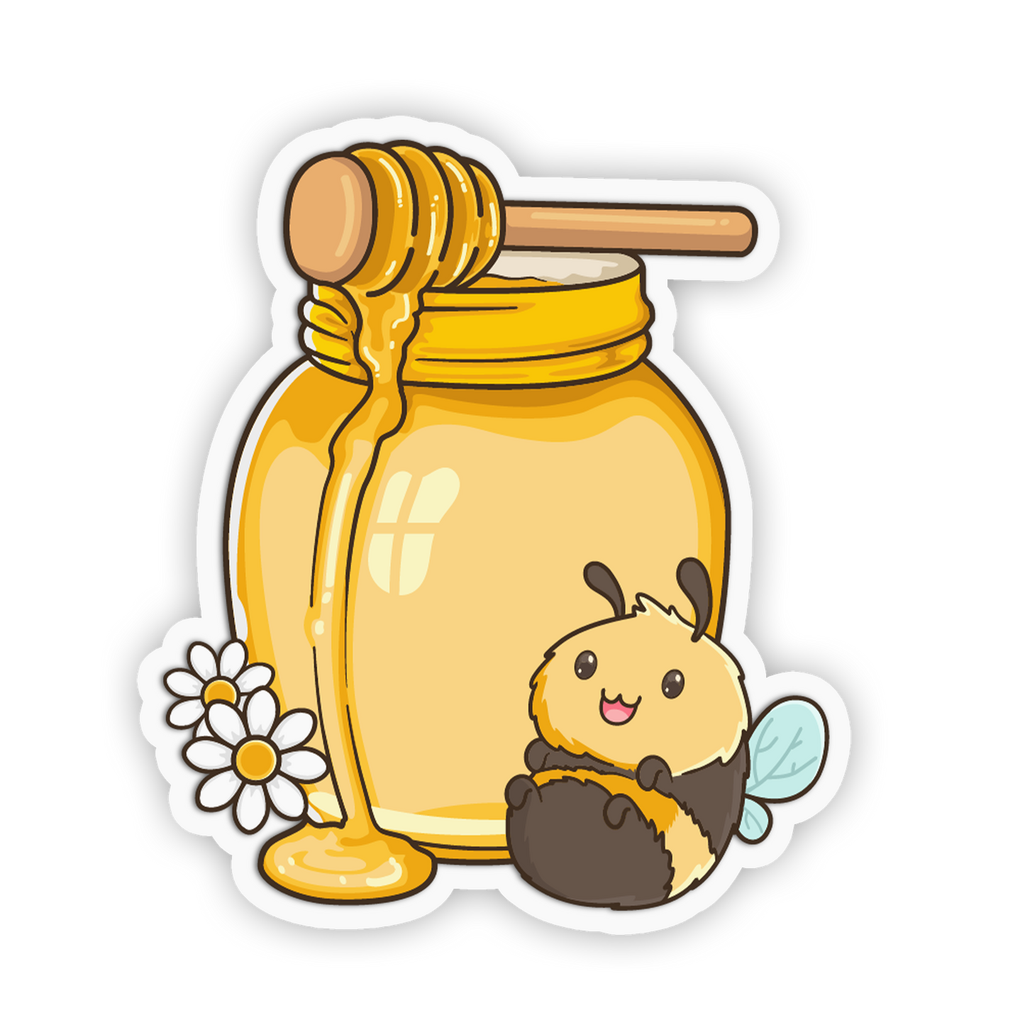 Cartoon bee next to a honey jar with a honey dipper on a white background