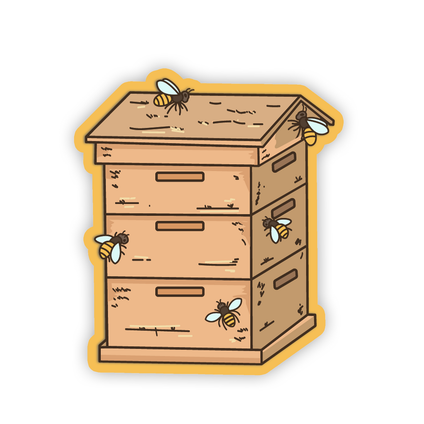 Sticker of a wooden beehive with bees on a white background