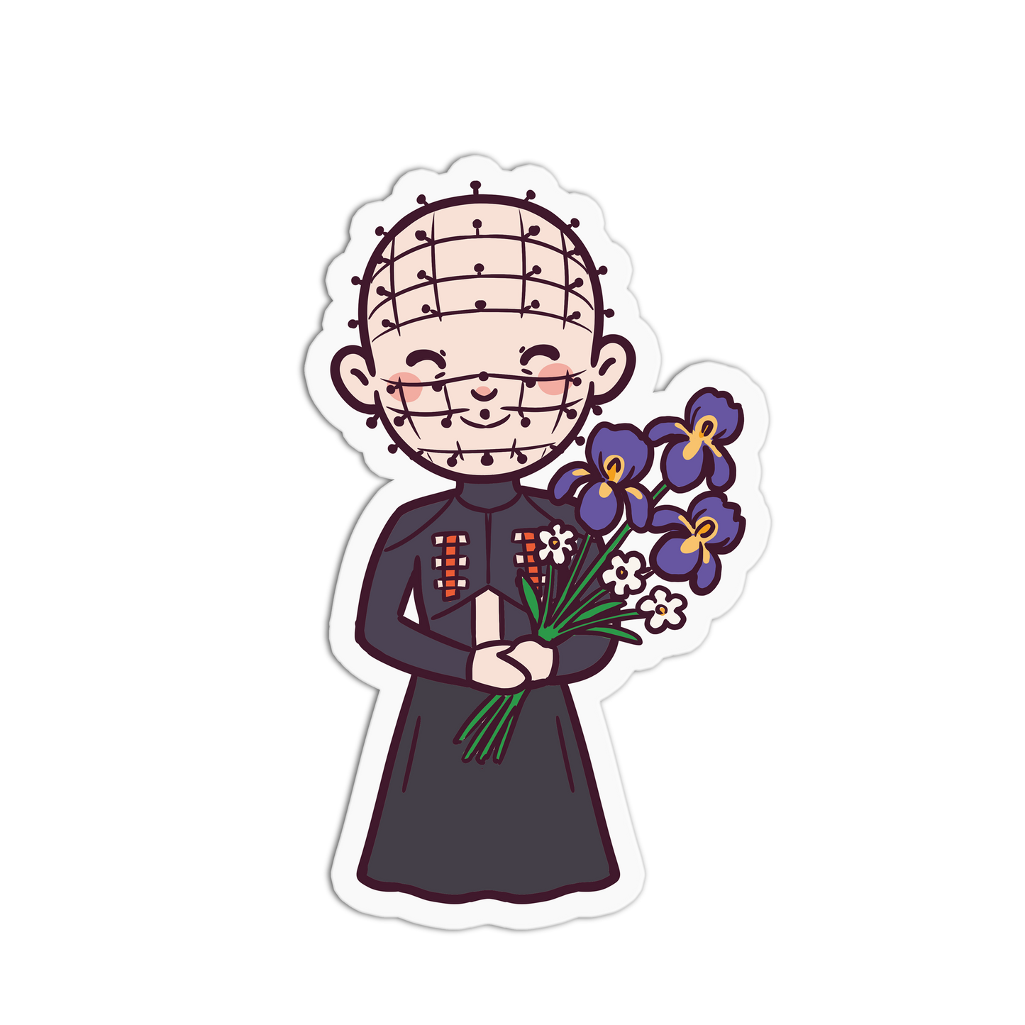 Cartoon character with a grid on head holding flowers on a white background