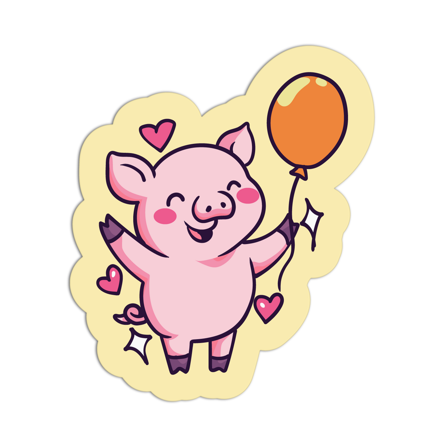 Cartoon pig holding a balloon with hearts on a yellow border