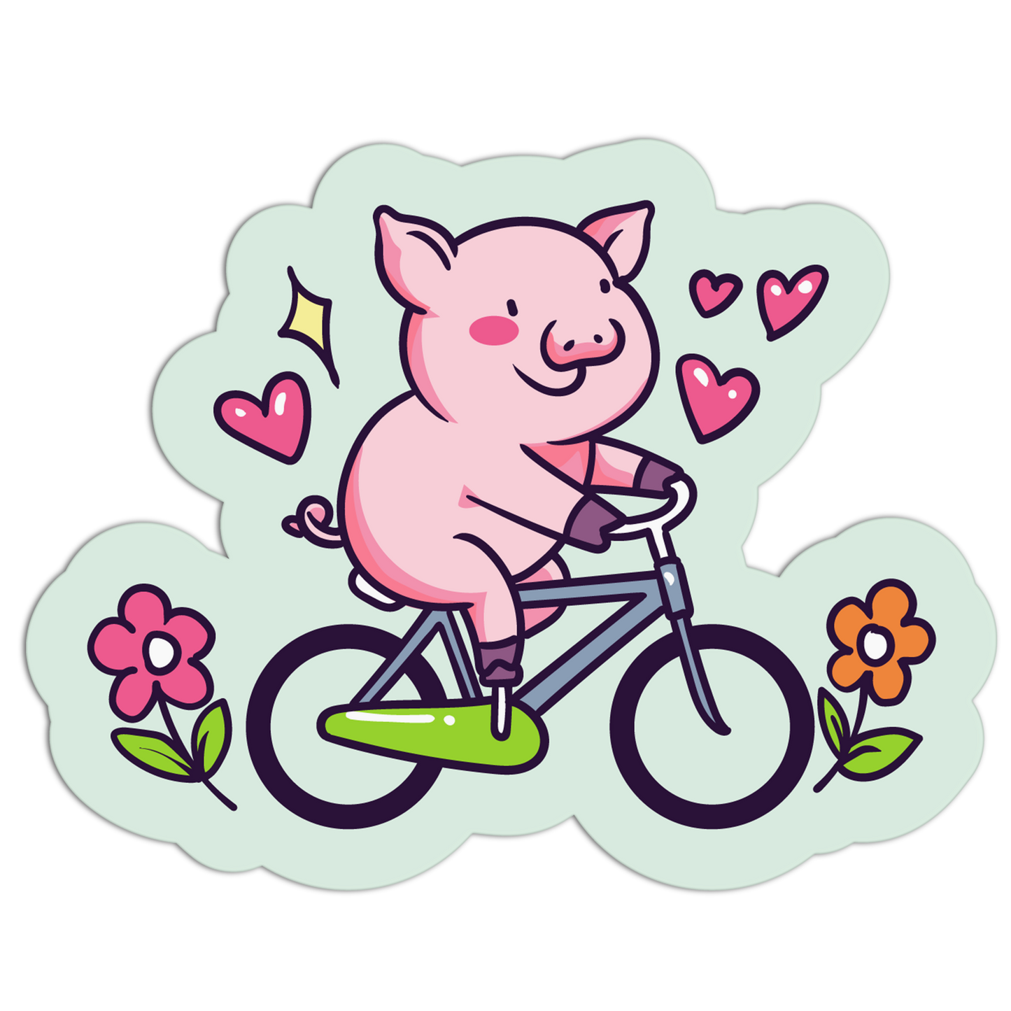 Cartoon pig riding a bike with hearts and flowers on a light green background