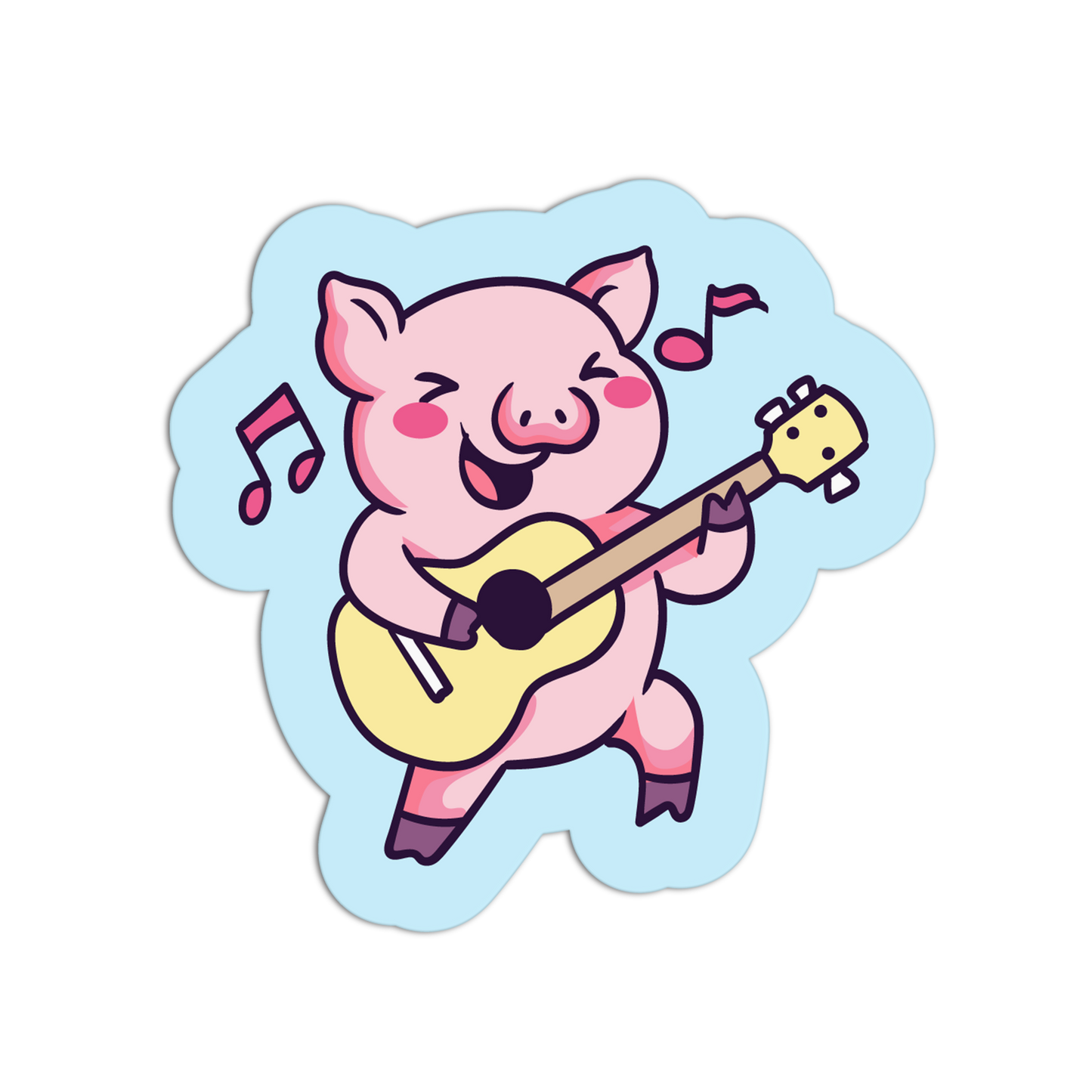 Cartoon pig playing a guitar with musical notes on a light blue background
