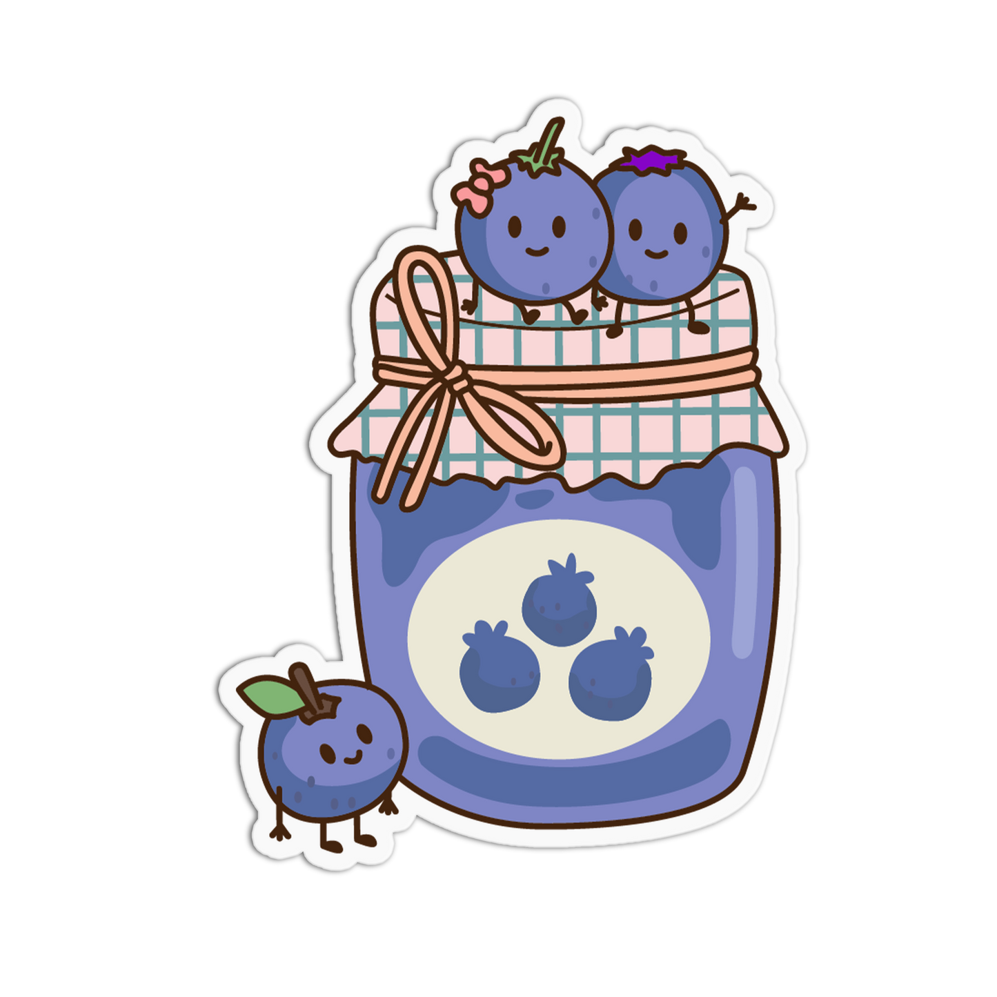 Sticker of a jar with blueberry jam and cute blueberries on a white background