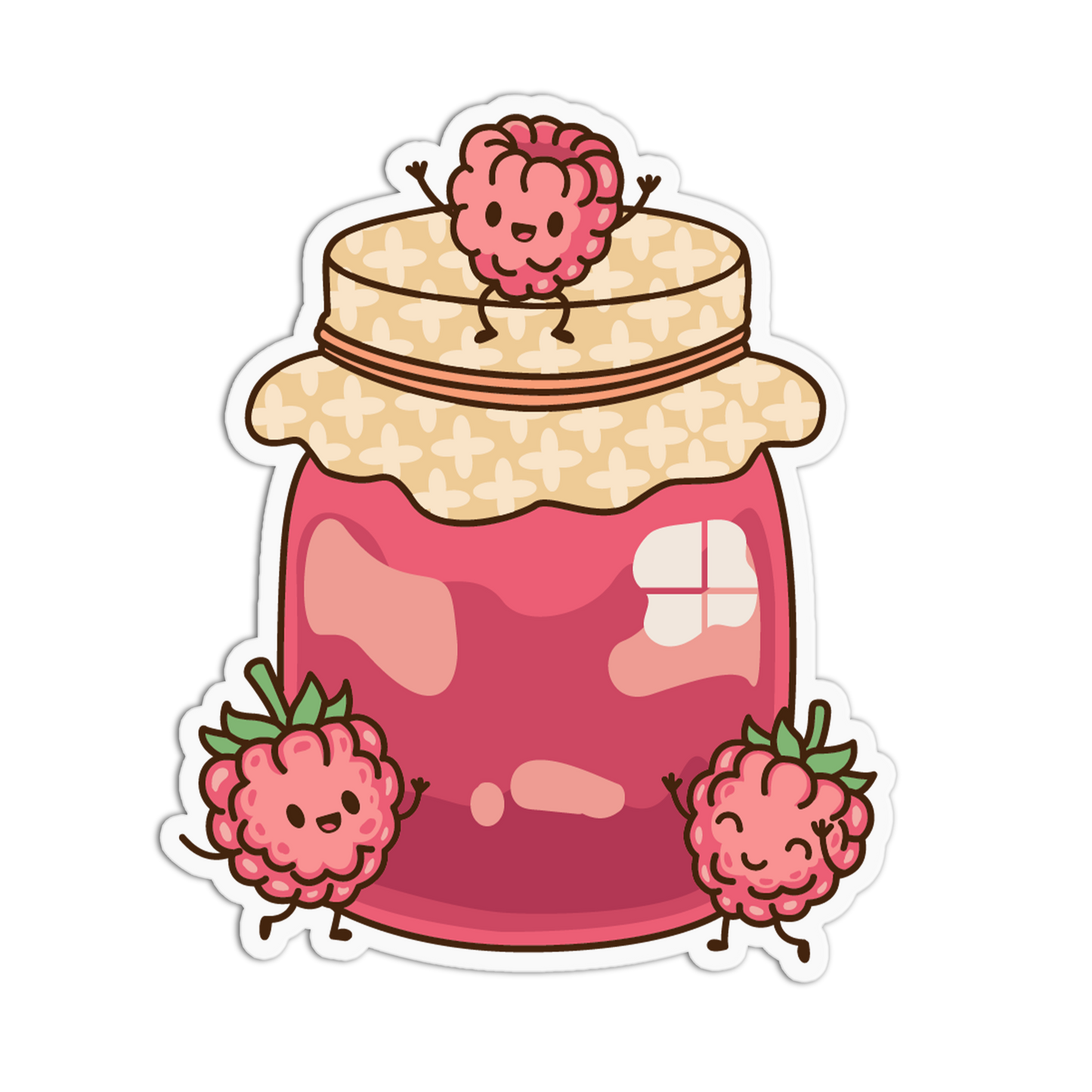 Cartoon jar of pink jam with cute raspberries on a white background