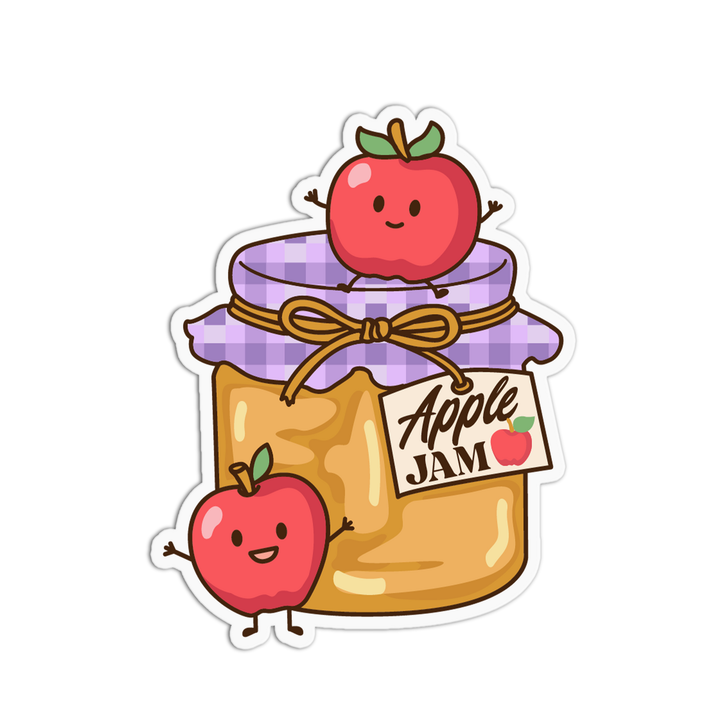 Sticker of a jar of apple jam with cartoon apples on a transparent background