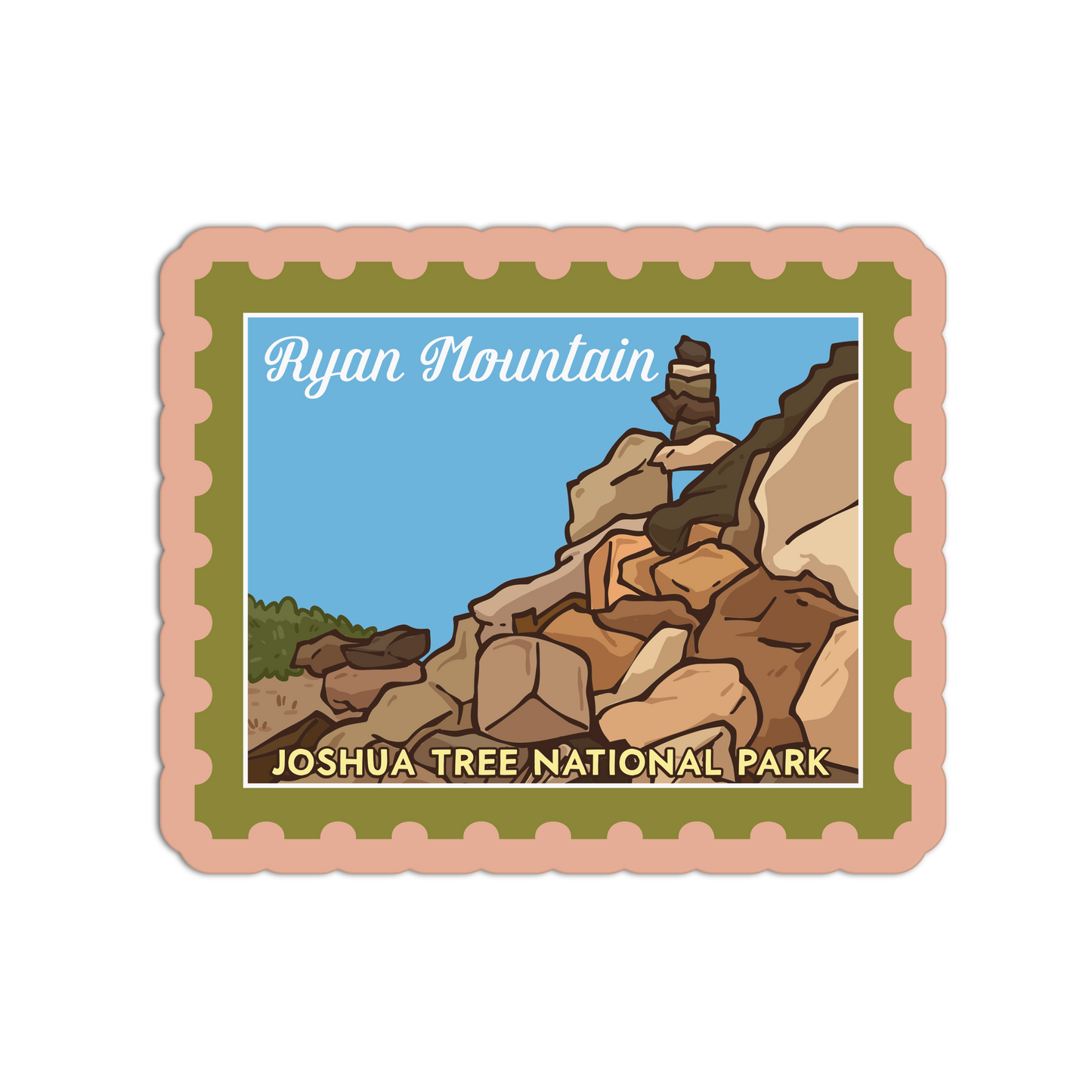 Sticker of Ryan Mountain at Joshua Tree National Park with a scenic illustration on a white background.