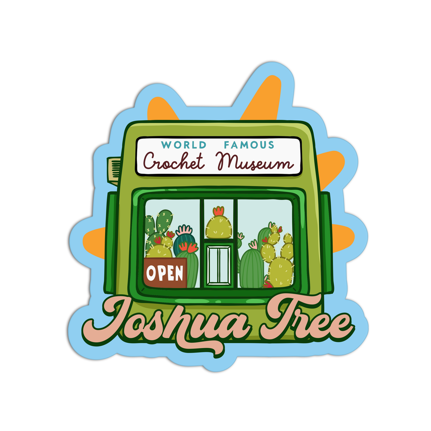 Sticker of the World Famous Crochet Museum in Joshua Tree with green building and cacti.