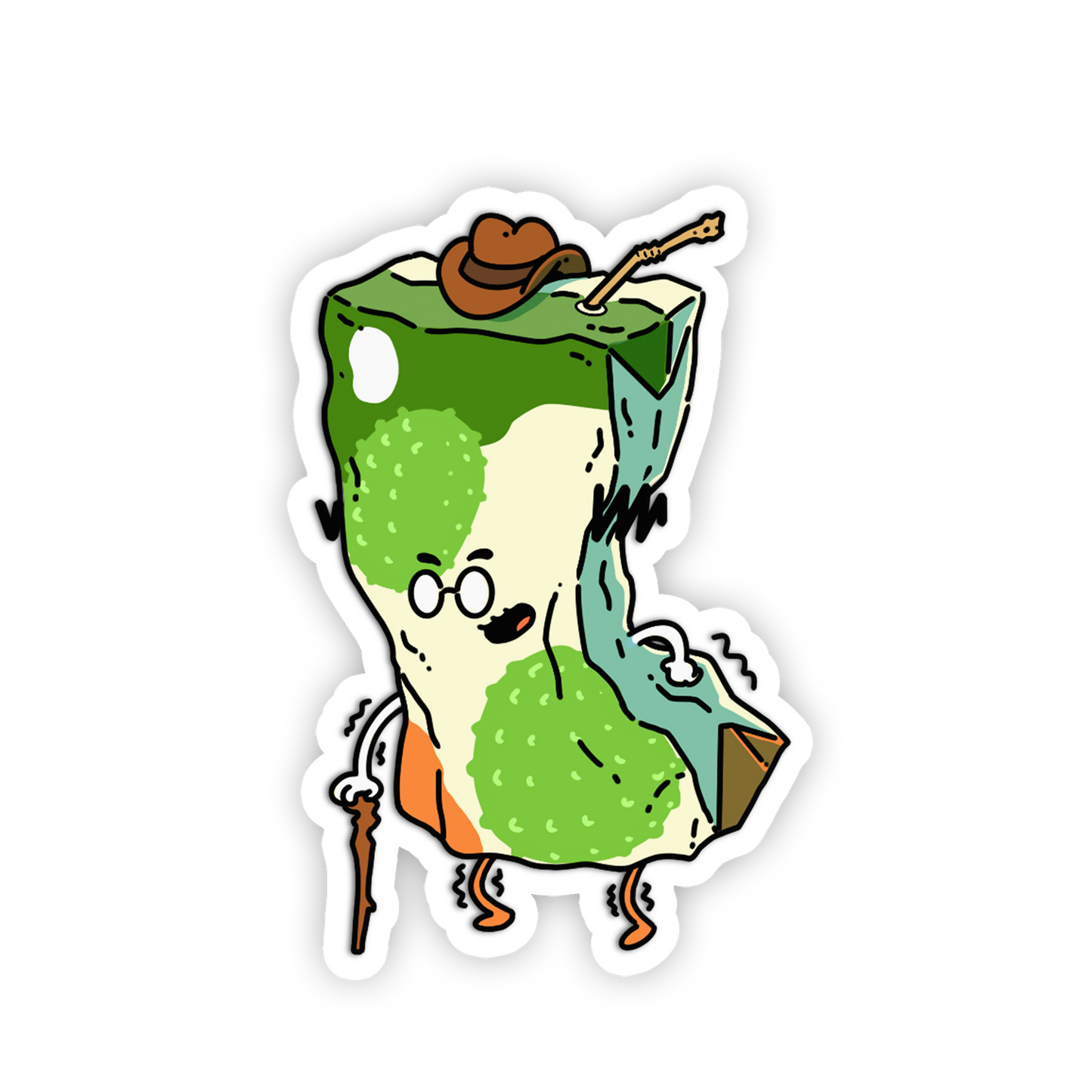 Cartoon character inside a green juice box with a snail on top, holding a cane.