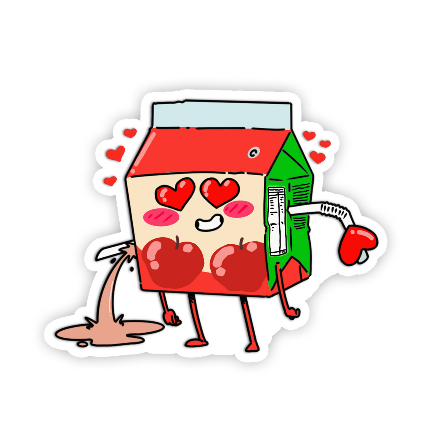 Cartoon illustration of a juice box character with hearts and a green bottle character on a white background