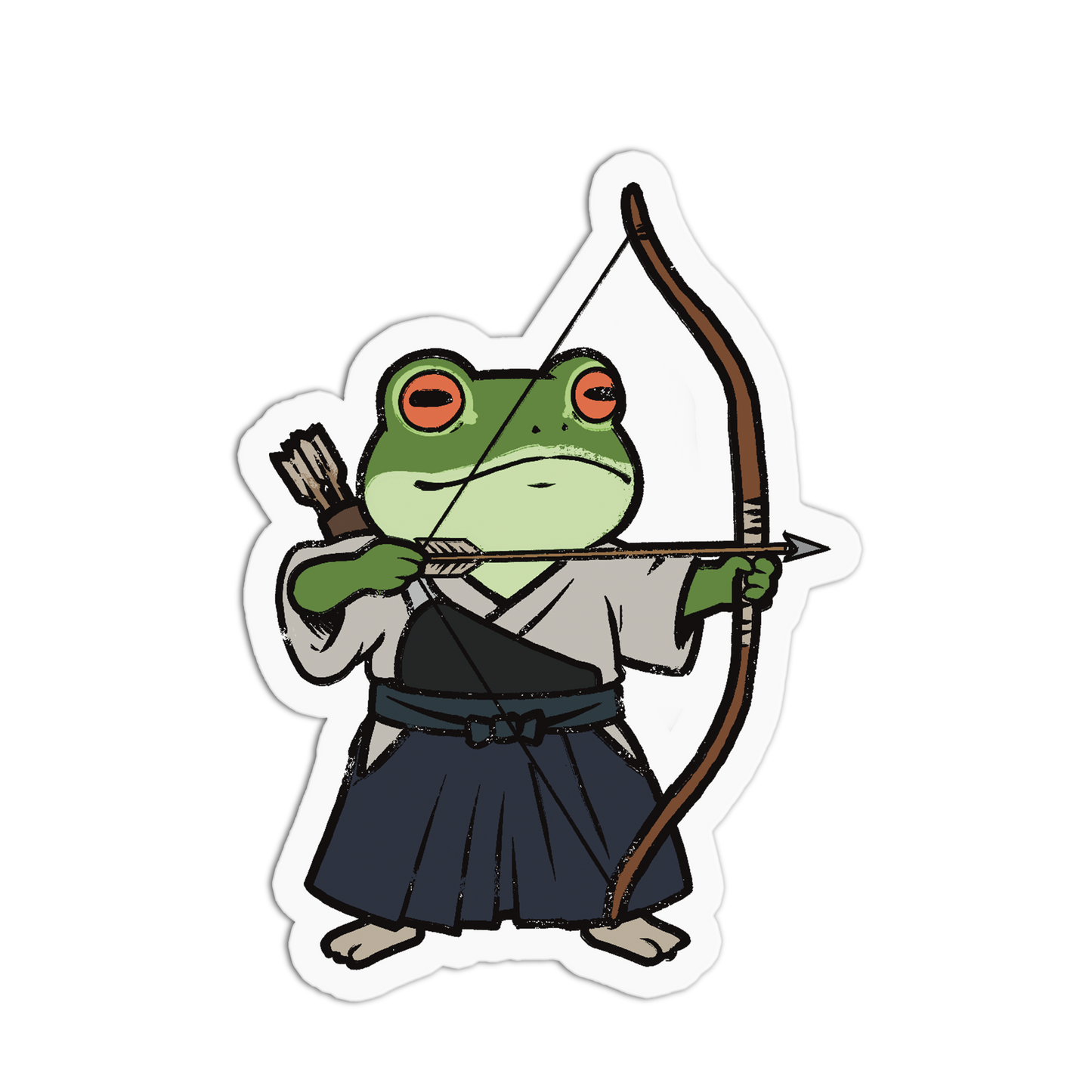 Cartoon frog in a samurai outfit holding a bow and arrow on a white background