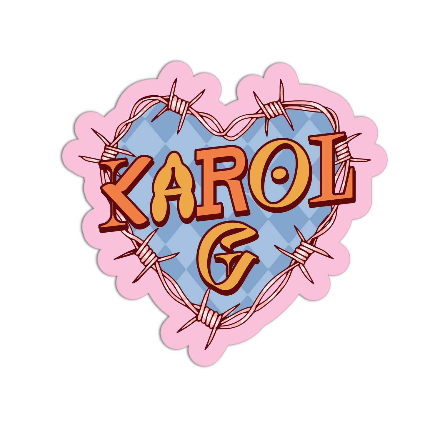 Heart-shaped logo with 'Karol G' text surrounded by barbed wire on a pink background