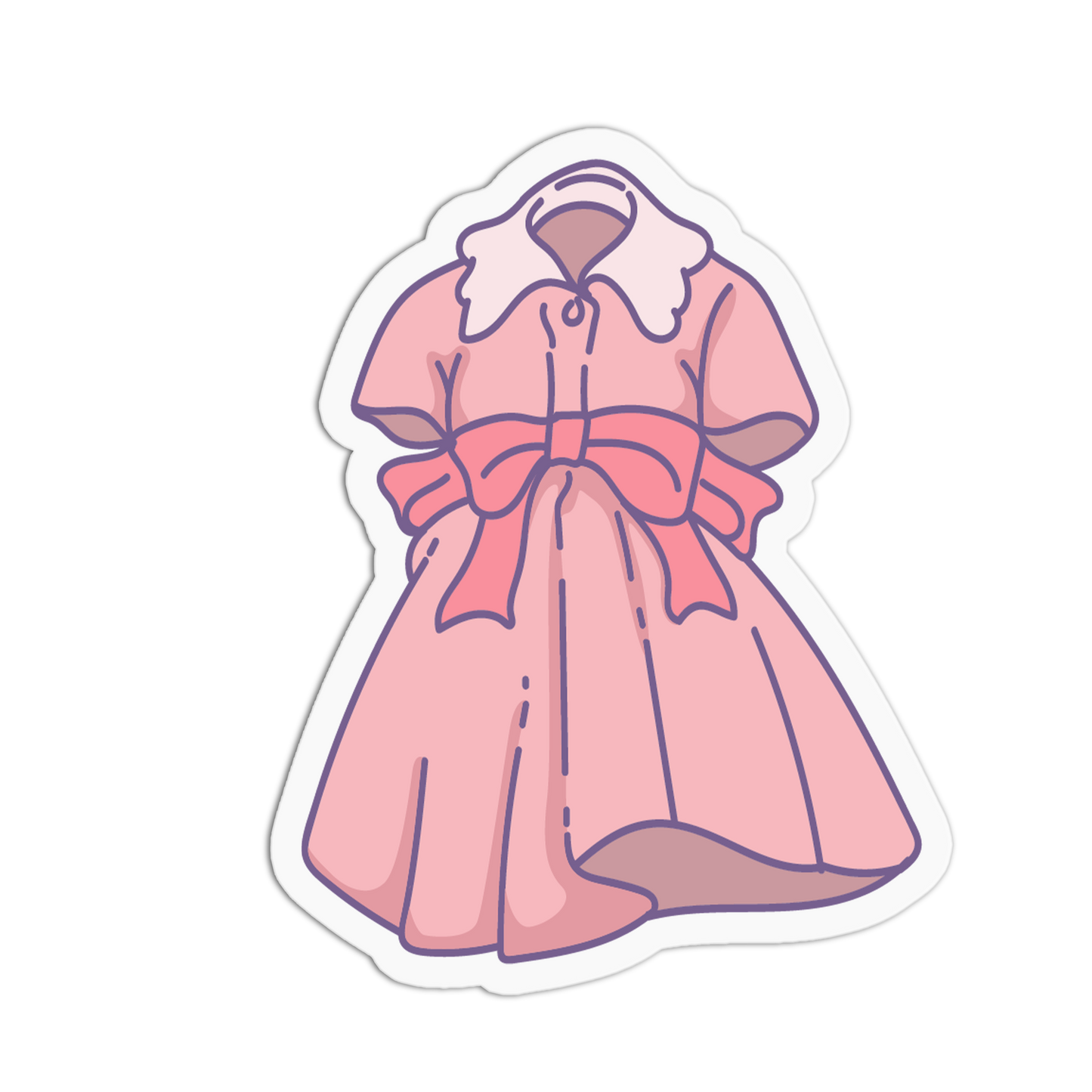 A die-cut sticker featuring a stylized illustration of a pink dress with a white collar and a large pink bow at the waist, shown on a plain white background.