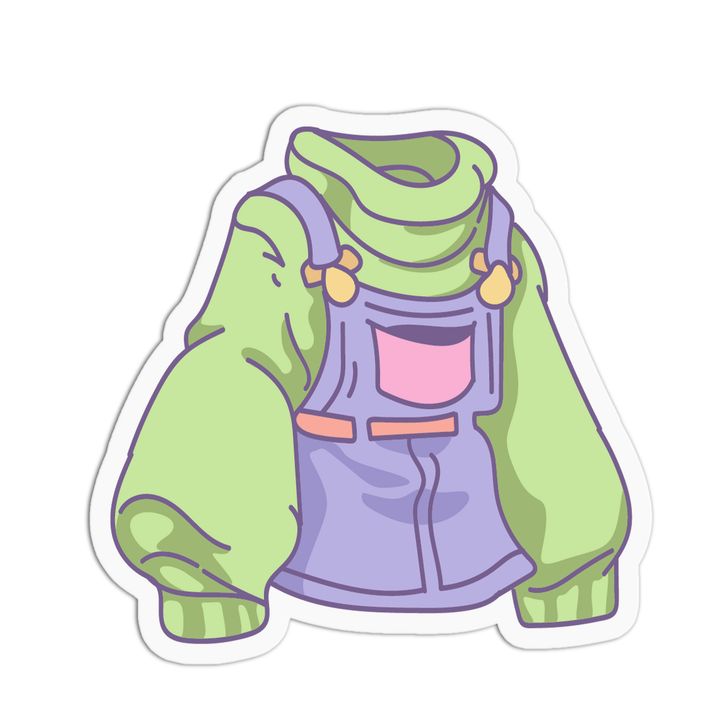 A cartoon-style die-cut sticker of a cozy outfit, featuring a light green turtleneck sweater layered under lavender overalls with a pink chest pocket, outlined in purple with a white border.