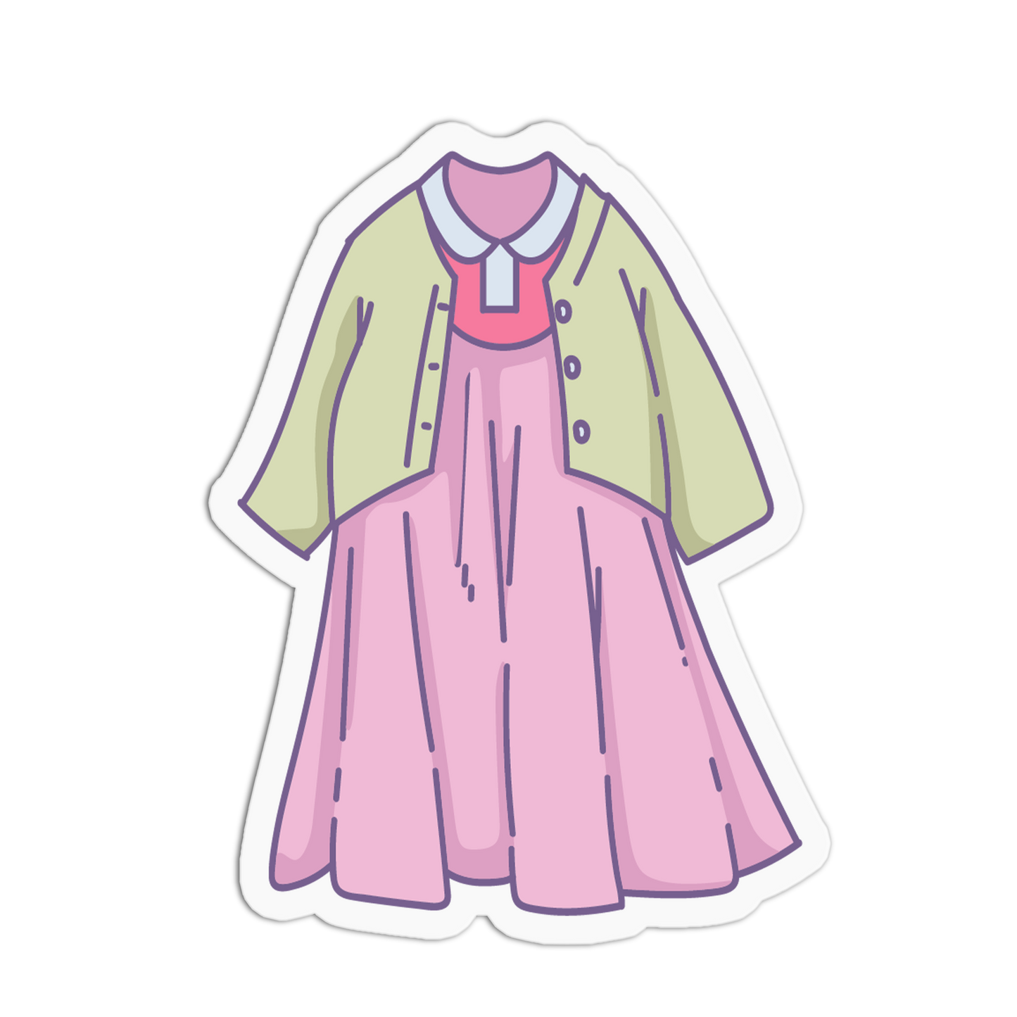 A die-cut sticker featuring a cute, hand-drawn style illustration of a girl's outfit. The outfit consists of a light pink dress with a white collar, a light green cardigan, and a pink top with a white collar.