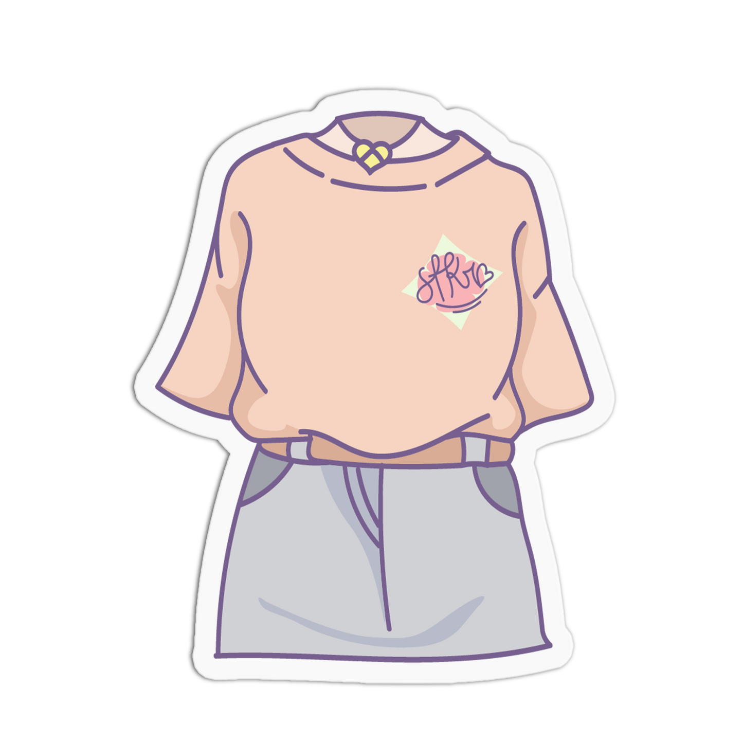 A stylized illustrated outfit sticker showing a peach short-sleeve top with a small pink chest graphic, paired with light gray shorts and a tan belt, outlined in white on a black background.