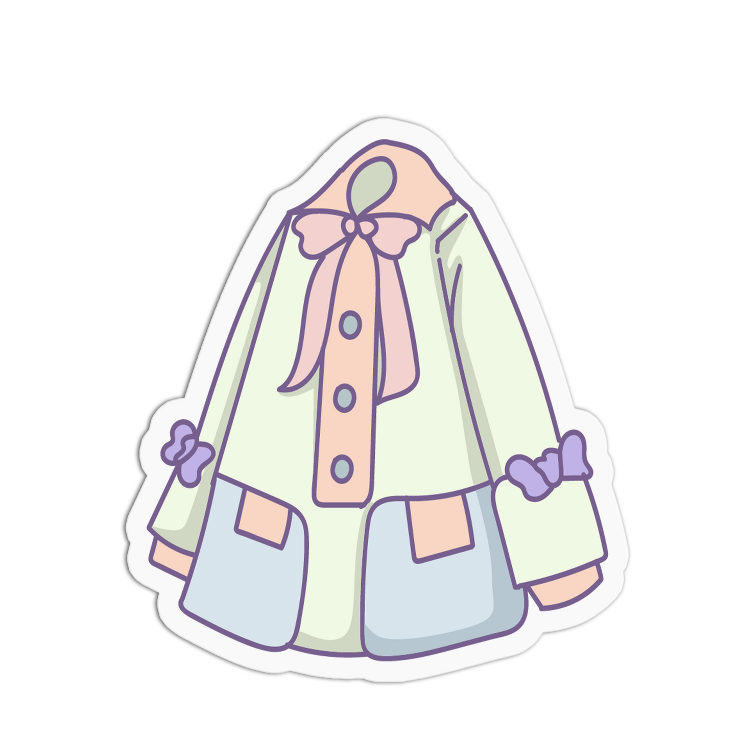 A die-cut sticker featuring a cute cartoon illustration of a pastel-colored jacket with a large bow, pink buttons, and lavender details, set against a plain white background.